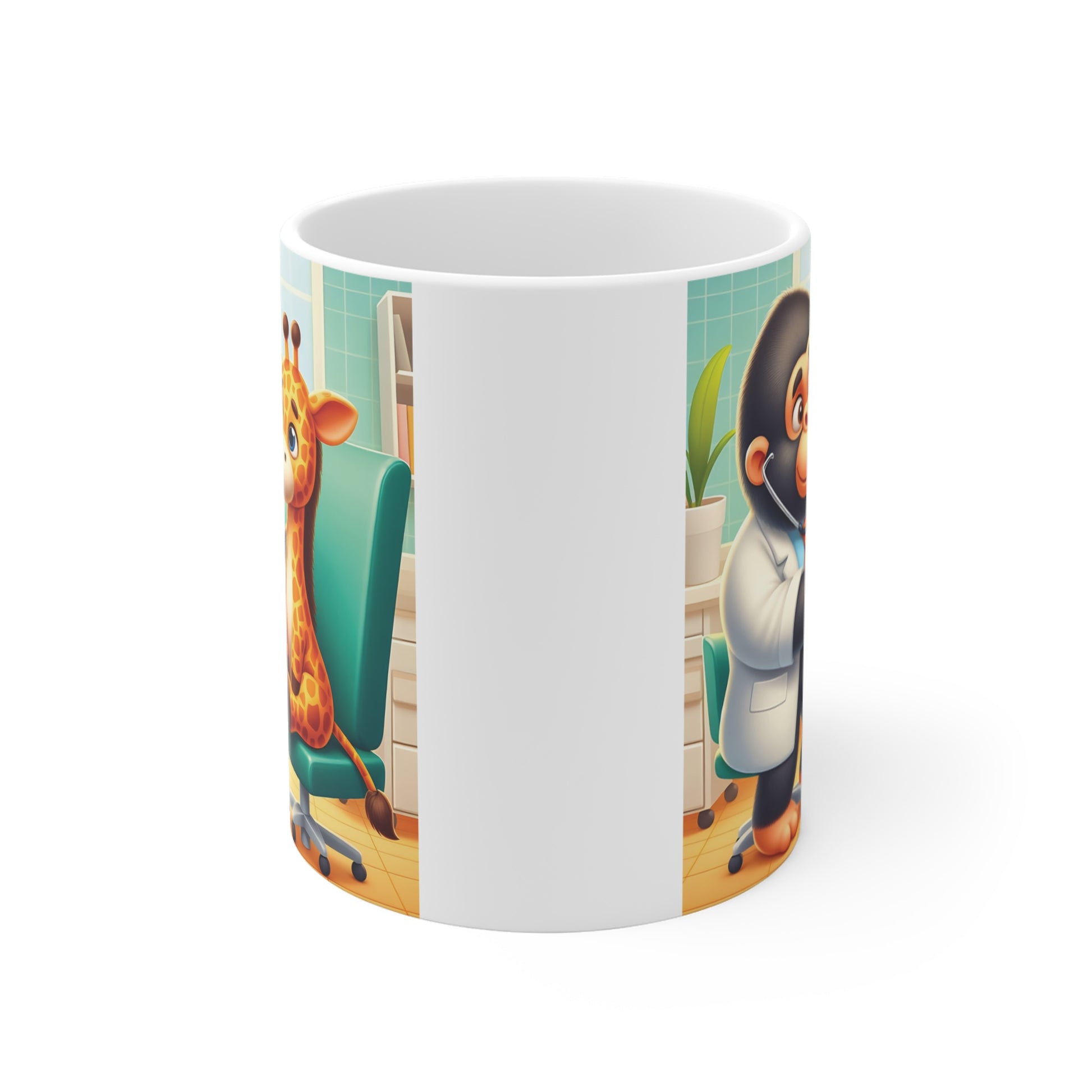 Funny animal doctor gorilla treating giraffe in clinic, kawaii veterinary cartoon coffee mug gift design