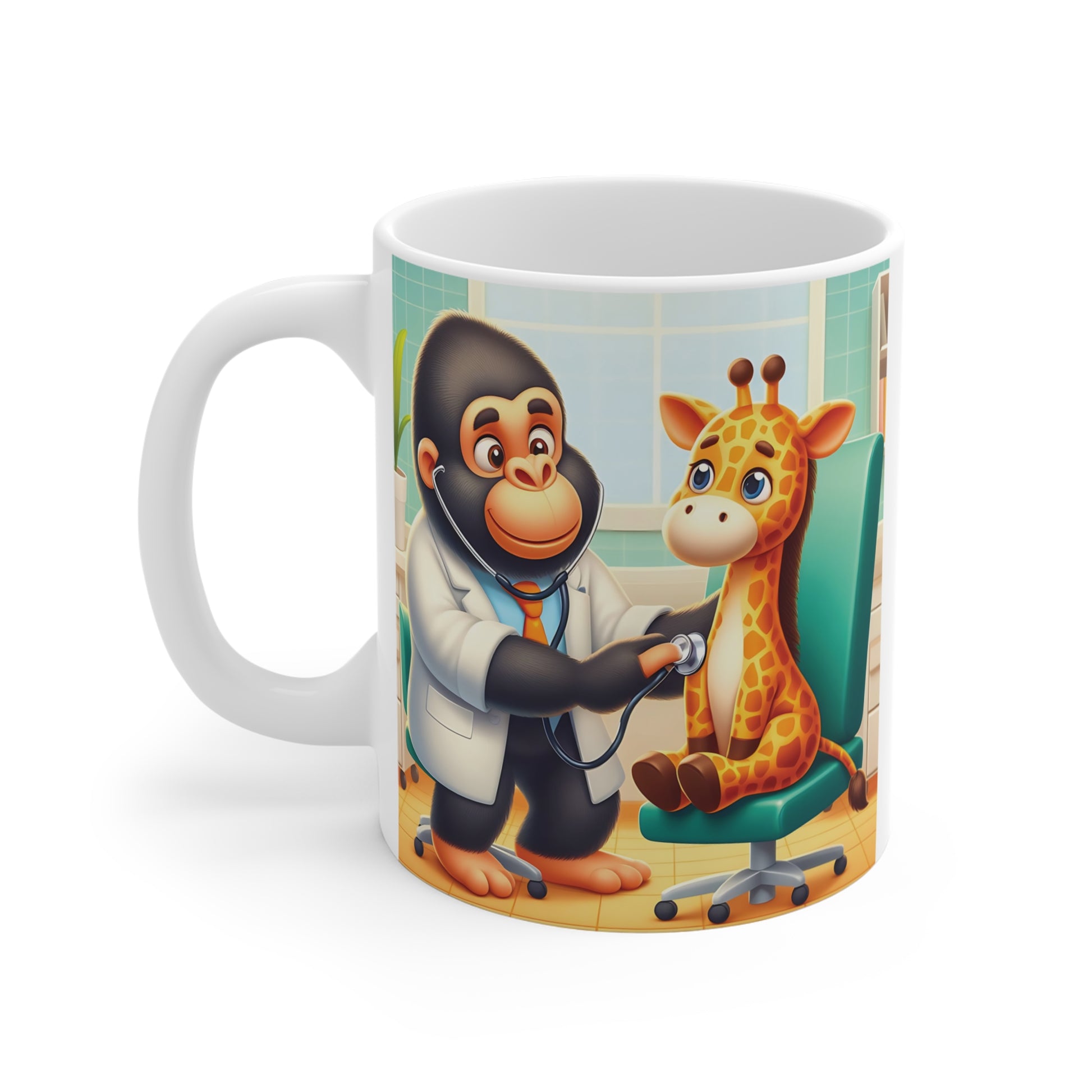 Adorable monkey veterinarian examining giraffe patient, playful kids cartoon medical theme mug illustration
