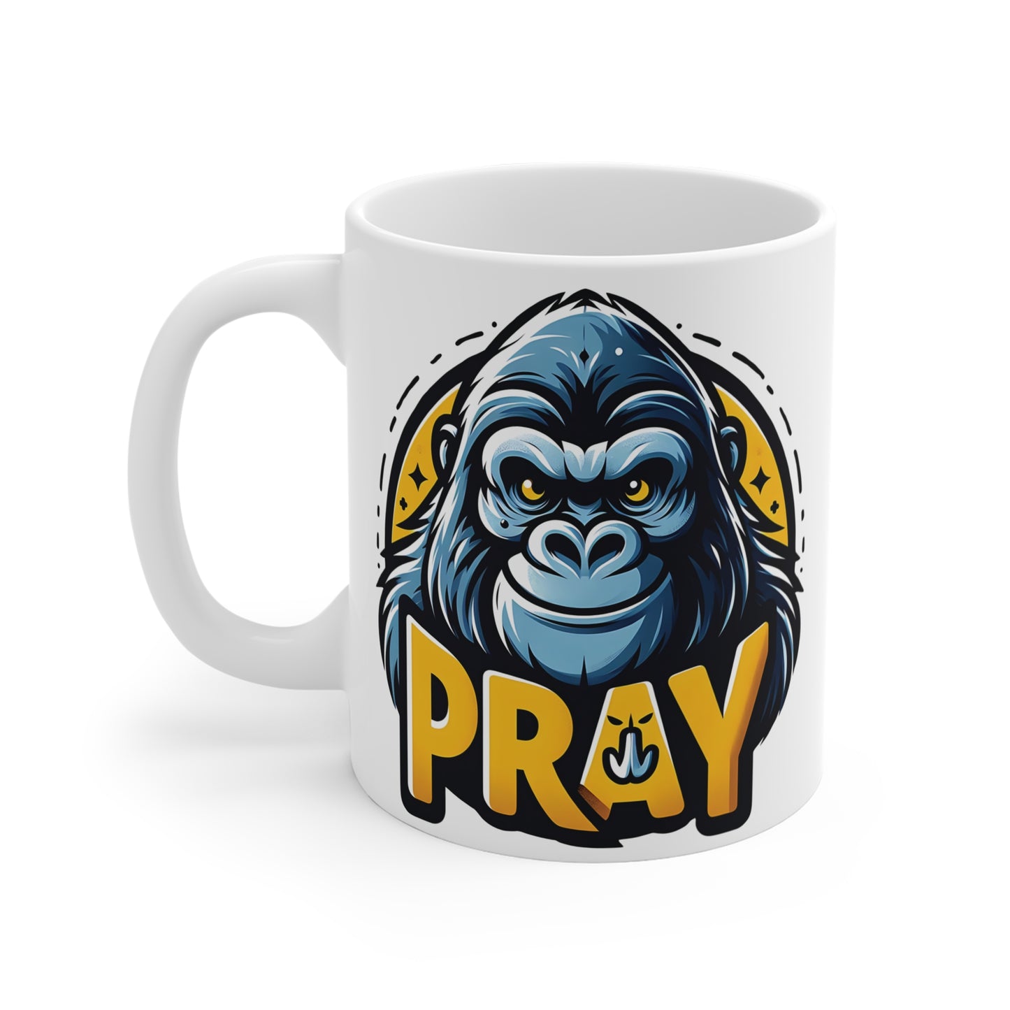 Cool Gorilla Prayer Mug with Cartoon Ape Graphic and Pray Text, Novelty Ceramic Mug for Men and Women