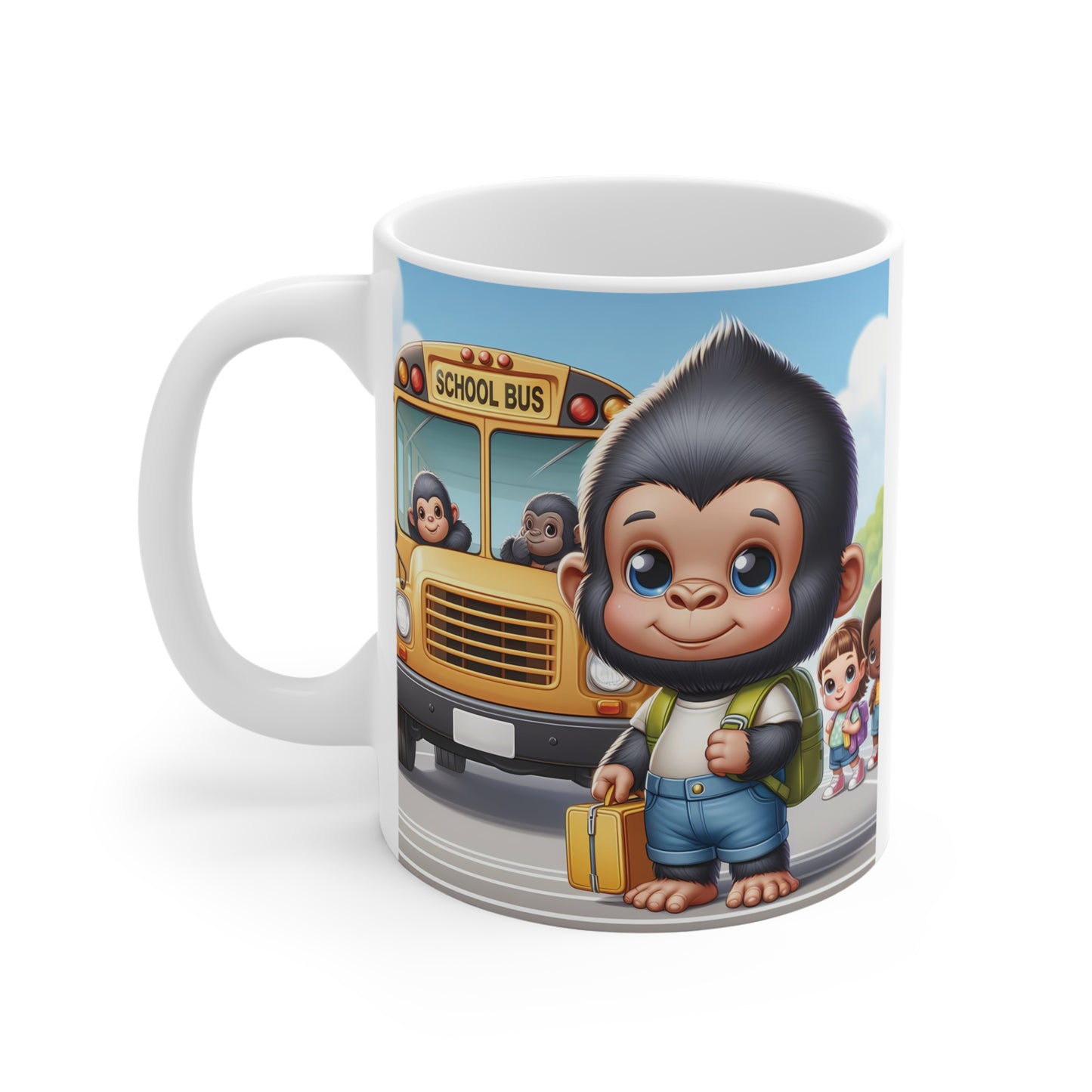 Charming cartoon gorilla child carrying a book and backpack in front of a bright yellow school bus with smiling classmates on a ceramic mug.