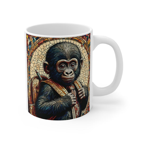 Cute baby gorilla mosaic art mug featuring chimp with backpack in stained glass style coffee cup design