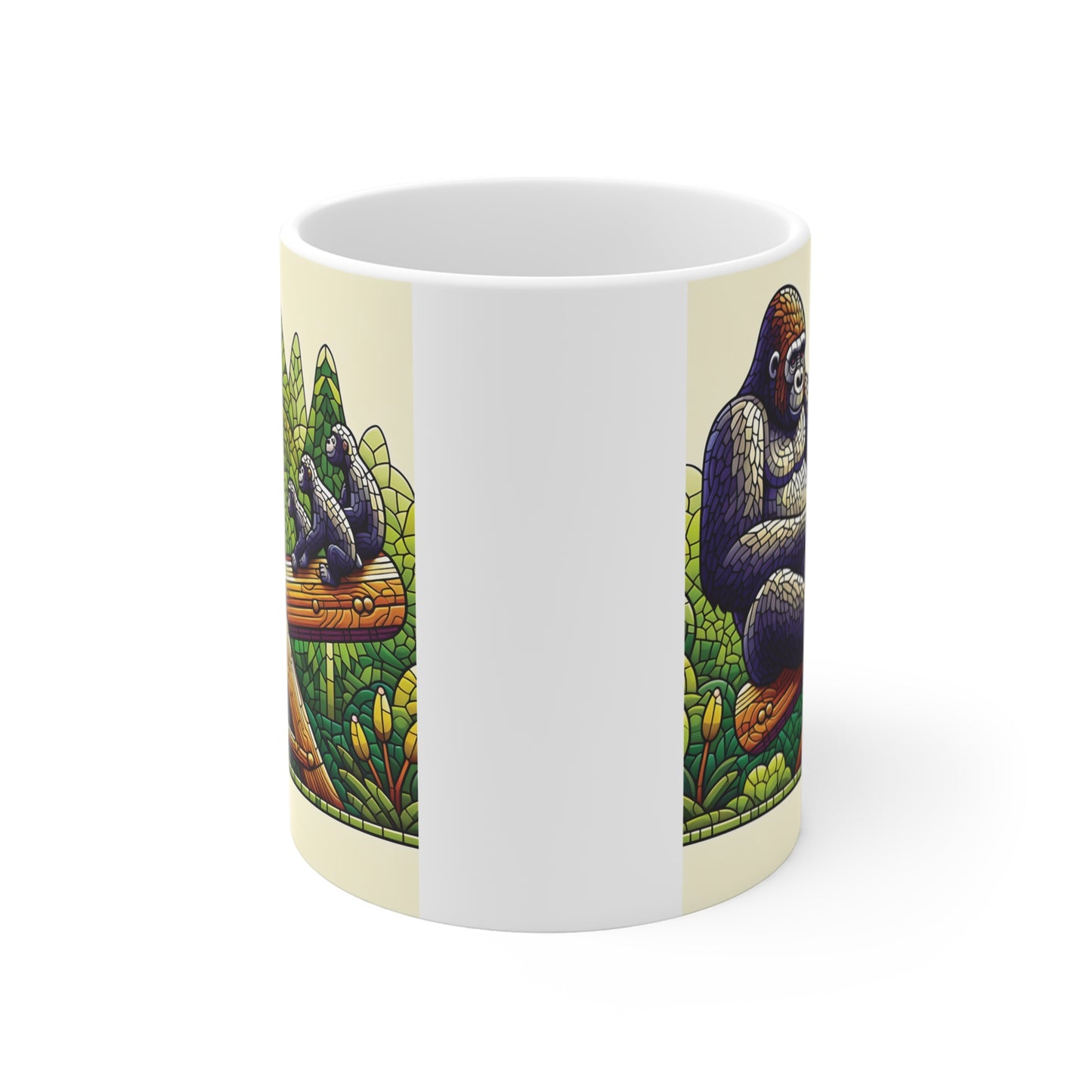Unique jungle-themed mug with detailed gorilla artwork depicting playful interaction between large gorilla and small gorilla on wooden structure