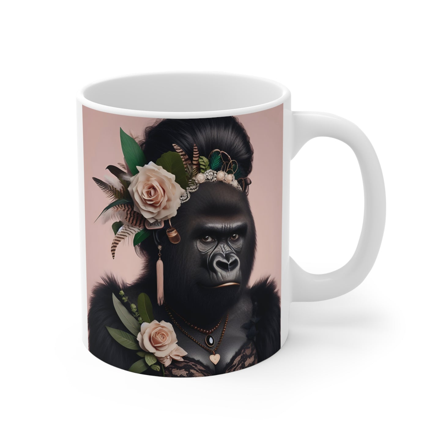 Elegant gorilla portrait coffee mug featuring a stylish female gorilla with roses, feathers, jewelry, and a vintage-inspired floral headpiece on a soft pink background.