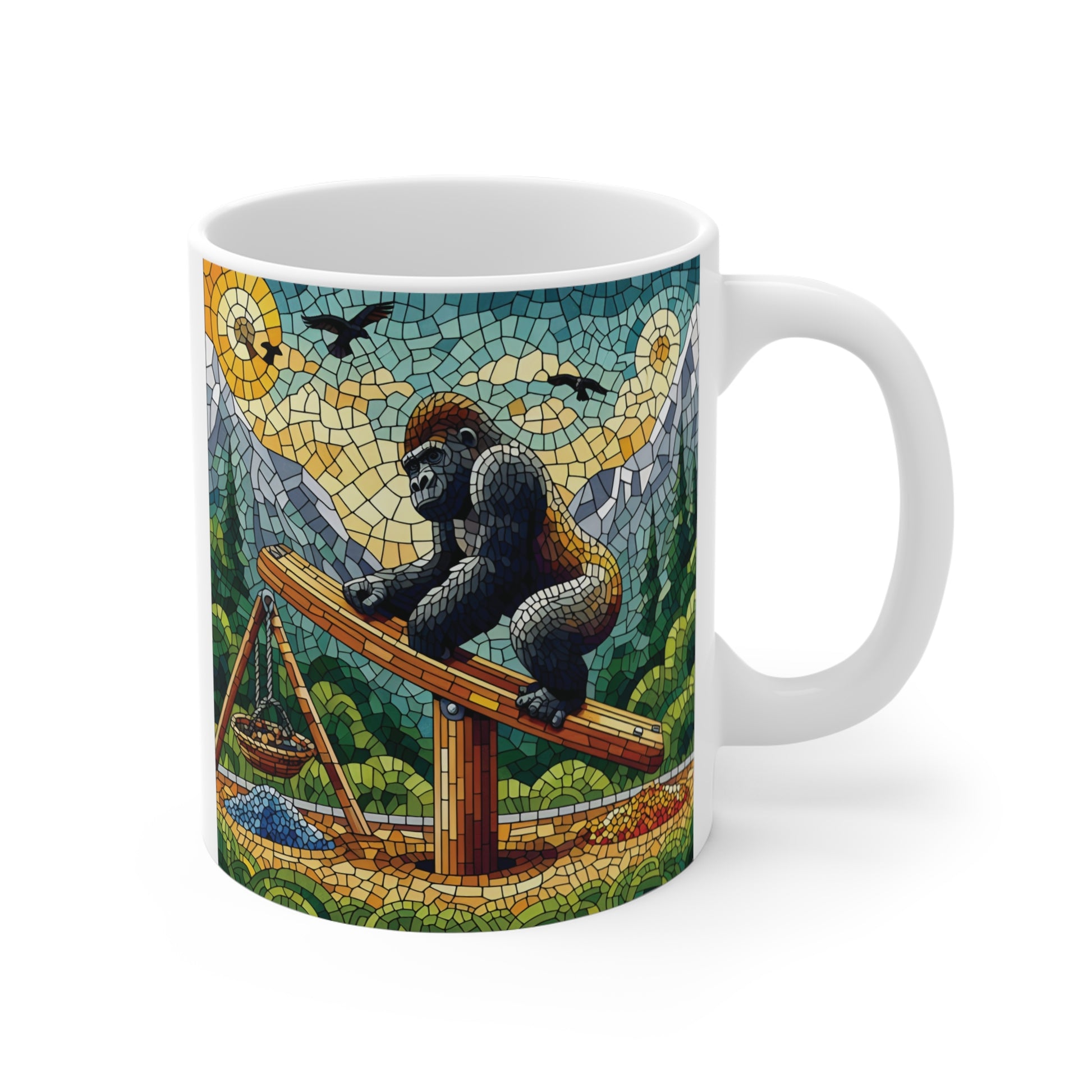 Mosaic art gorilla coffee mug featuring a gorilla balancing on a wooden beam with mountain scenery, birds, and colorful tile-style jungle design.