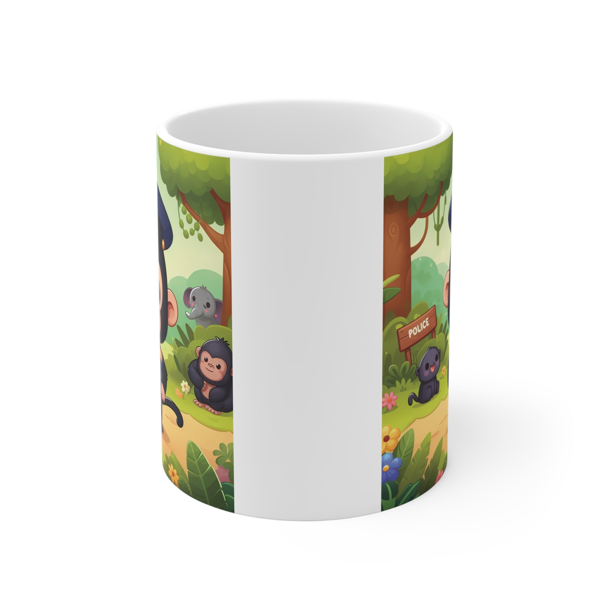 Kawaii monkey police officer coffee mug with colorful forest background and cute animal characters illustration