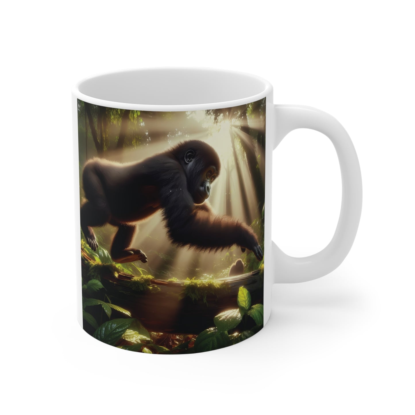 Cute baby gorilla mug design with jungle sunlight scene baby gorilla walking on log in forest illustration