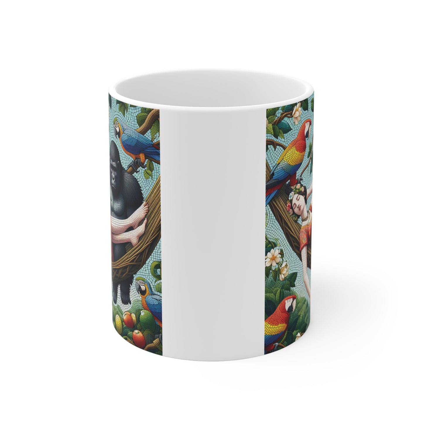Exotic wildlife mug with gorilla, woman, and parrots in lush forest setting, decorative 11oz coffee cup