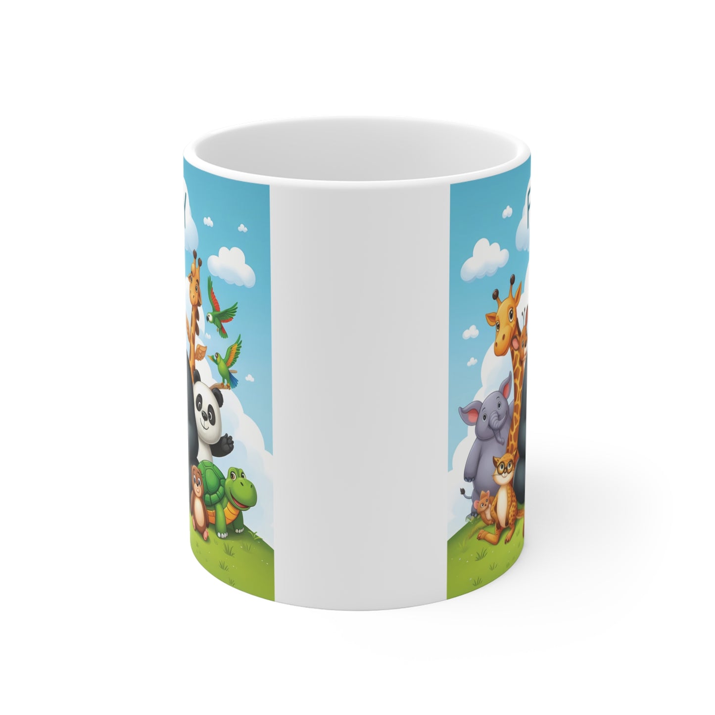 Cartoon animals gathered around a gorilla wearing a tie and glasses on a coffee mug with the word "FAMILY" written in a cloud.