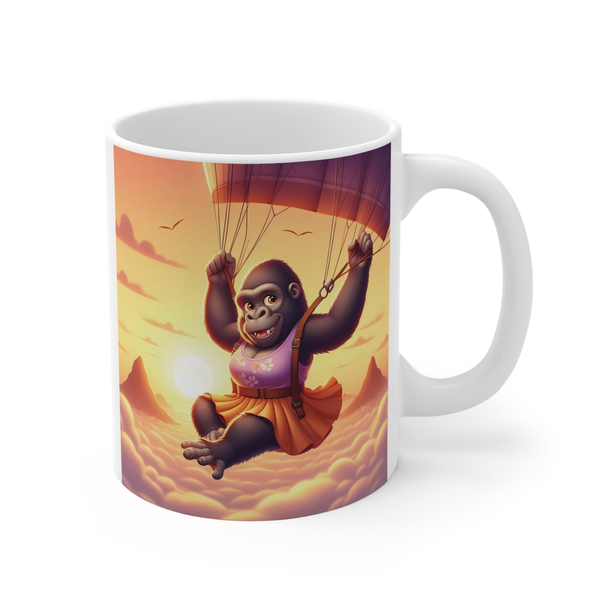 Cute gorilla paragliding at sunset mug design, cartoon monkey flying over clouds with warm sky background