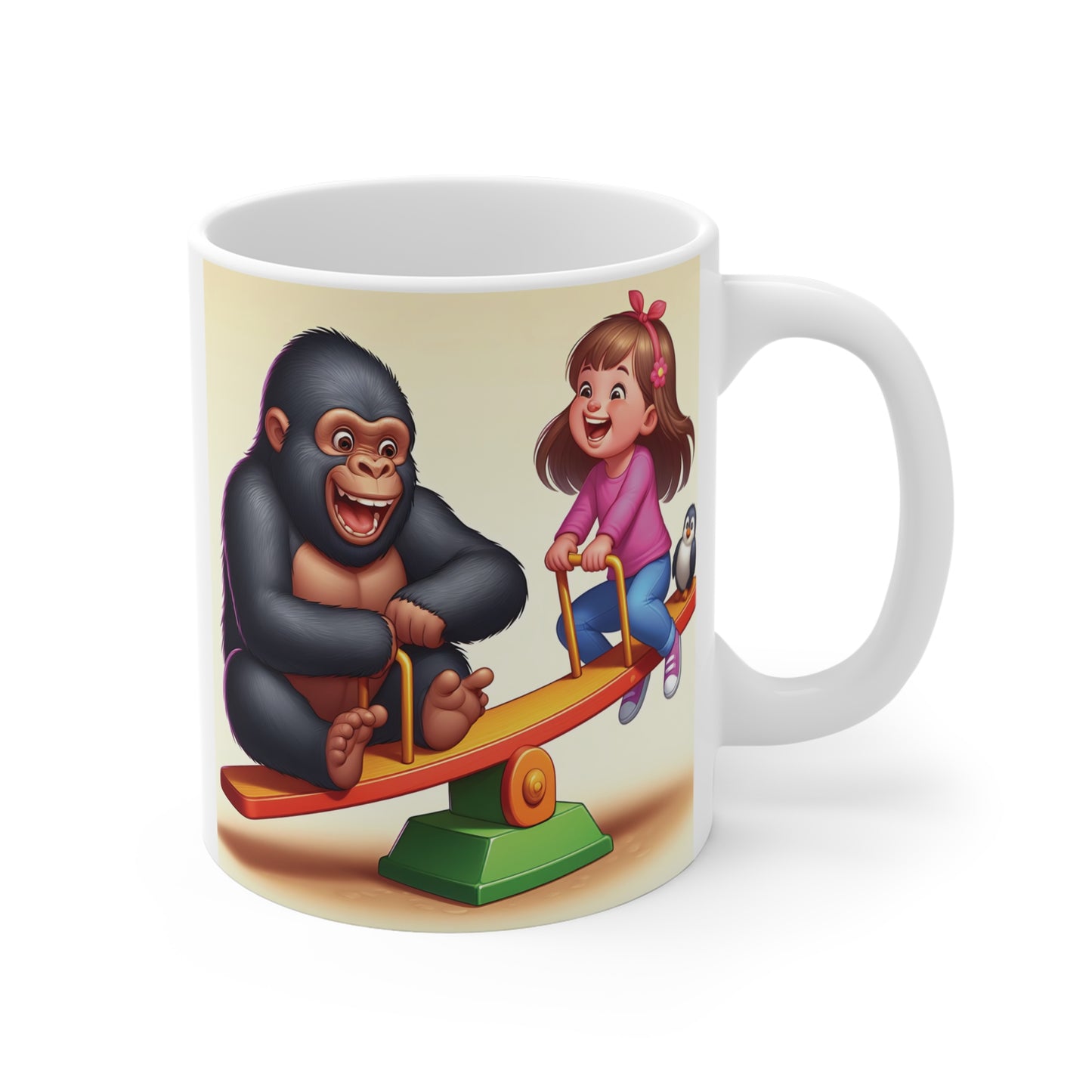 Cute cartoon gorilla and little girl playing on seesaw illustrated on fun kids coffee mug design