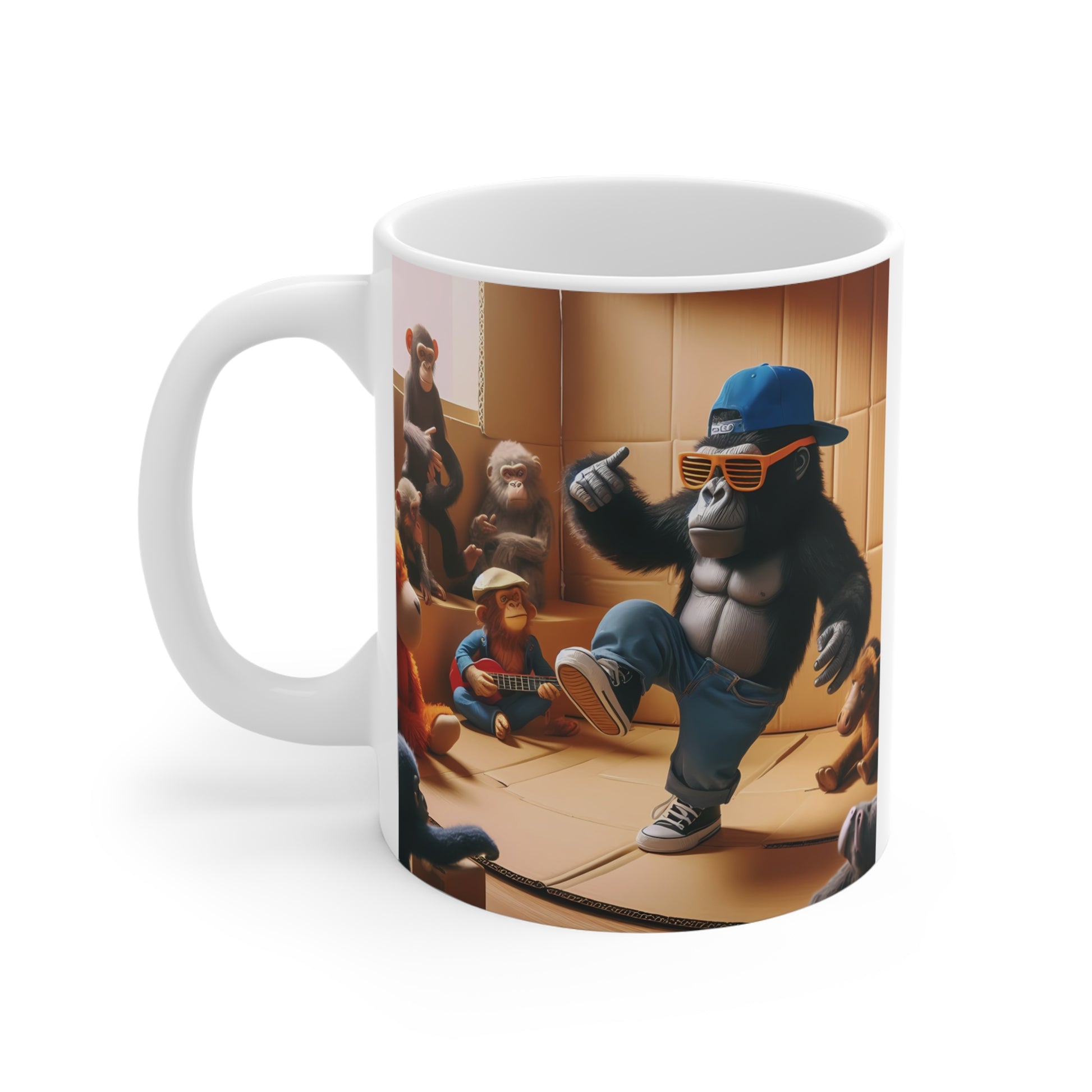 Artistic ceramic mug with a dancing gorilla wearing trendy clothes and sunglasses, accompanied by playful monkeys in a colorful animated party environment.