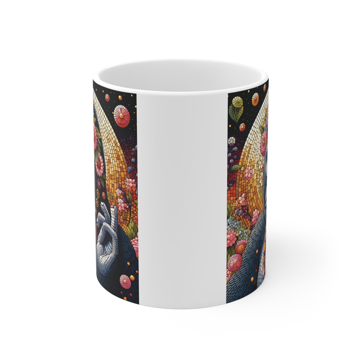 Artistic gorilla coffee mug with flower crown and mosaic pattern design, unique wildlife art gift for animal lovers and collectors.