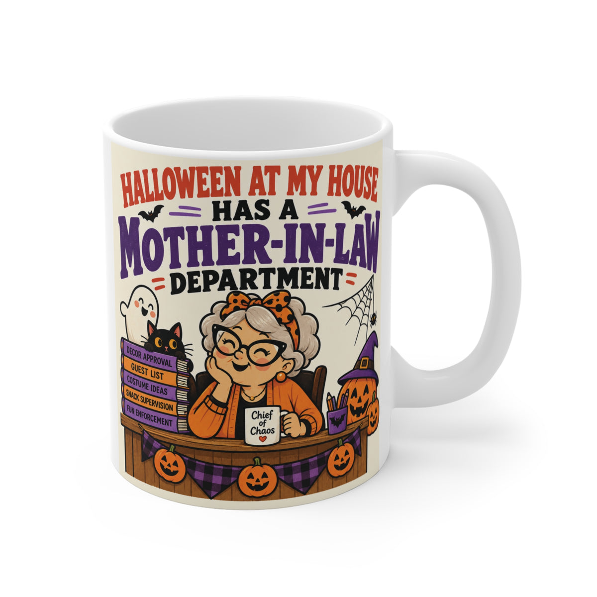 Funny 11oz Mother-in-Law Halloween mug with retro Halloween artwork, pumpkins and Mother-in-Law Department design.
