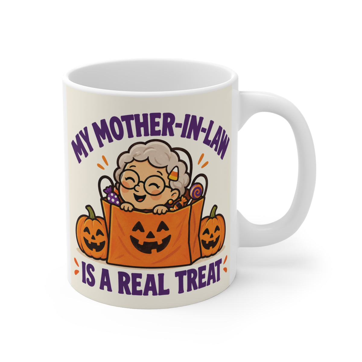 Mother-in-Law Halloween mug featuring “My Mother-in-Law Is a Real Treat” with a cute MIL, pumpkins and candy.