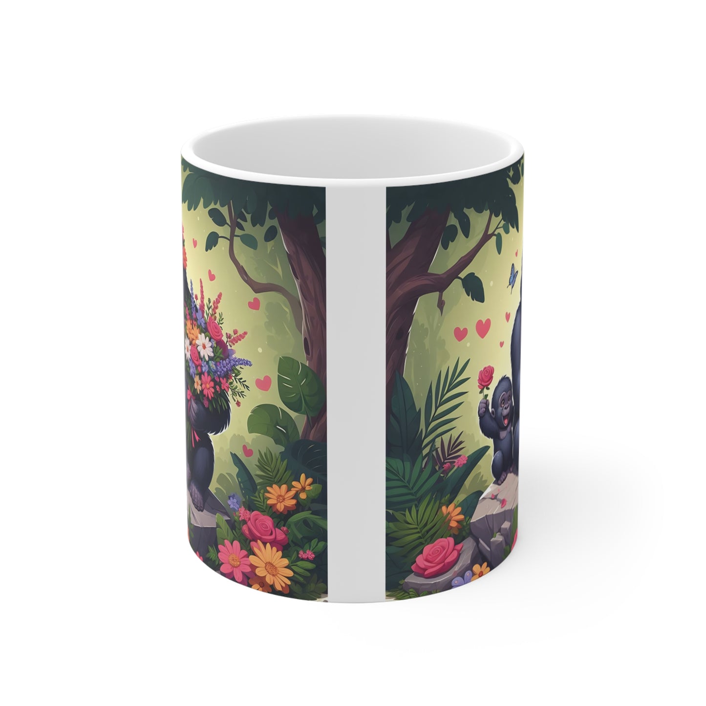 Floral gorilla mug featuring a loving gorilla mom and baby surrounded by flowers, hearts, and tropical forest artwork.