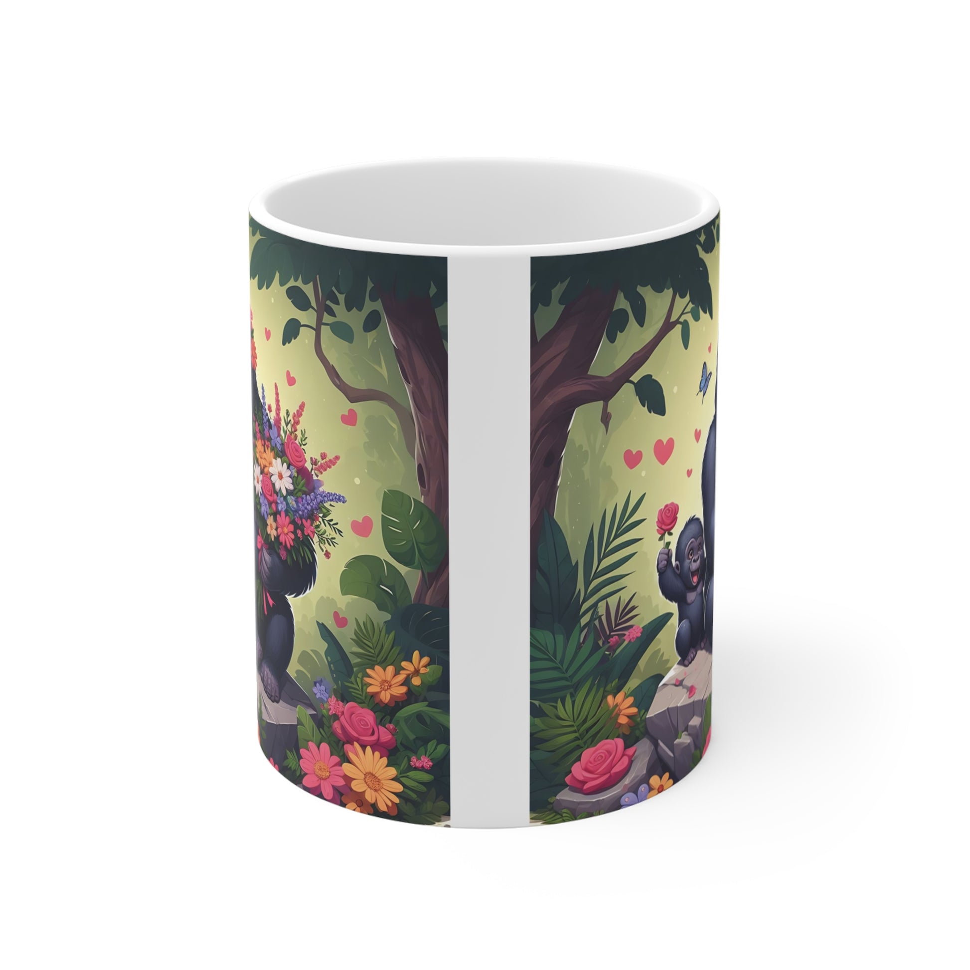 Floral gorilla mug featuring a loving gorilla mom and baby surrounded by flowers, hearts, and tropical forest artwork.
