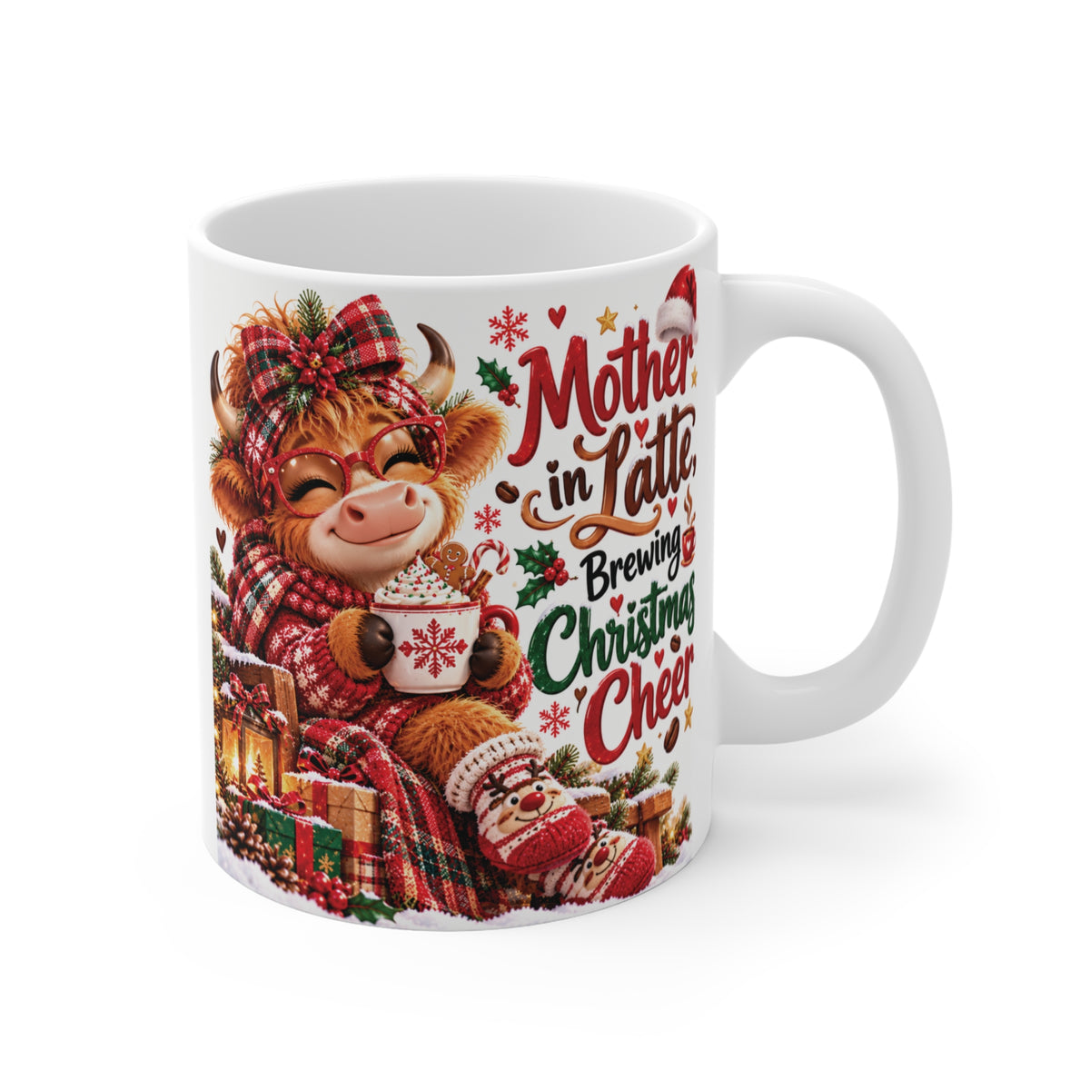 Mother in Latte Brewing Christmas Cheer 11oz mug with cute festive cow, a funny Christmas gift for mother-in-law and coffee lovers.