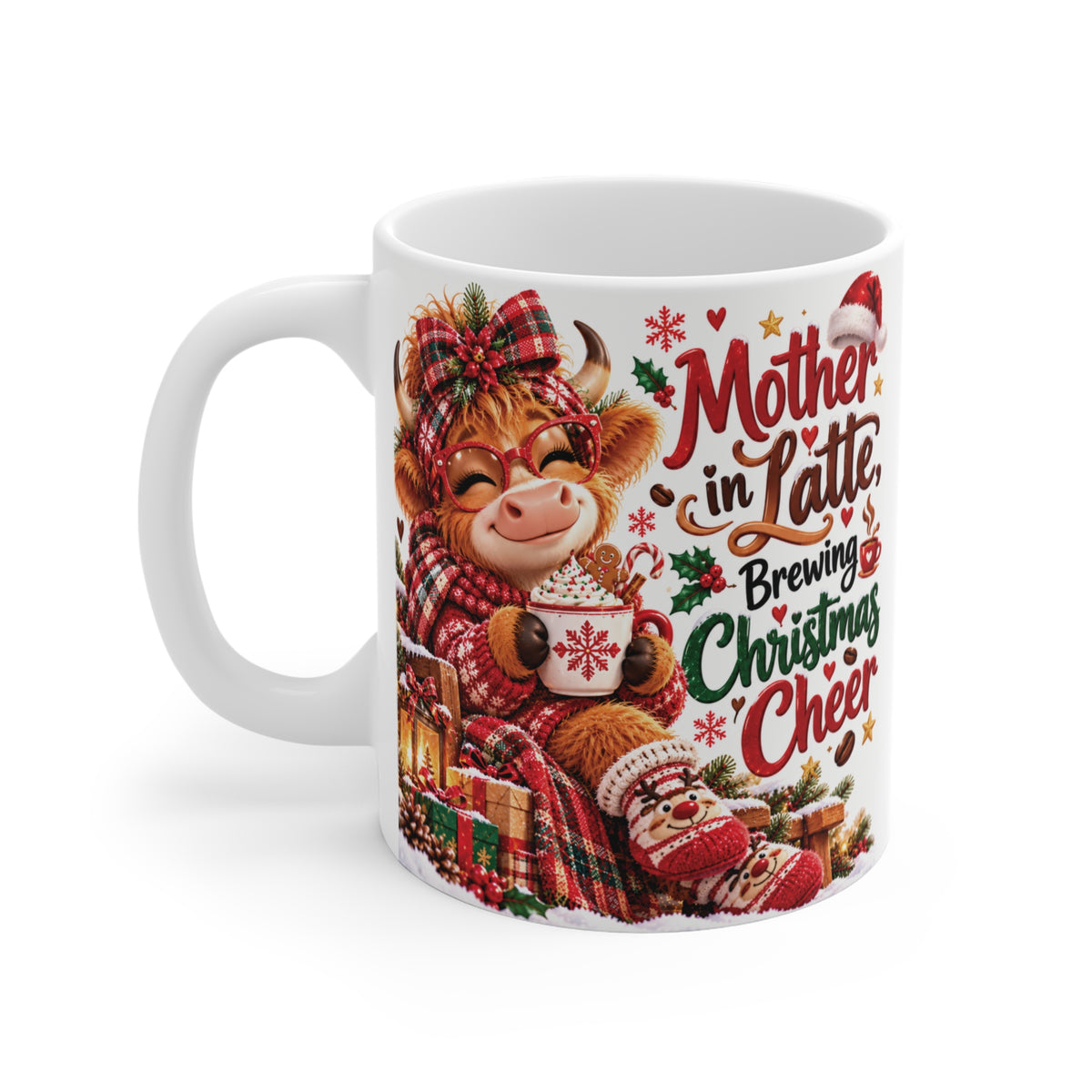 11oz Mother in Latte Christmas mug with festive cow holding coffee, plaid holiday details and Brewing Christmas Cheer typography.
