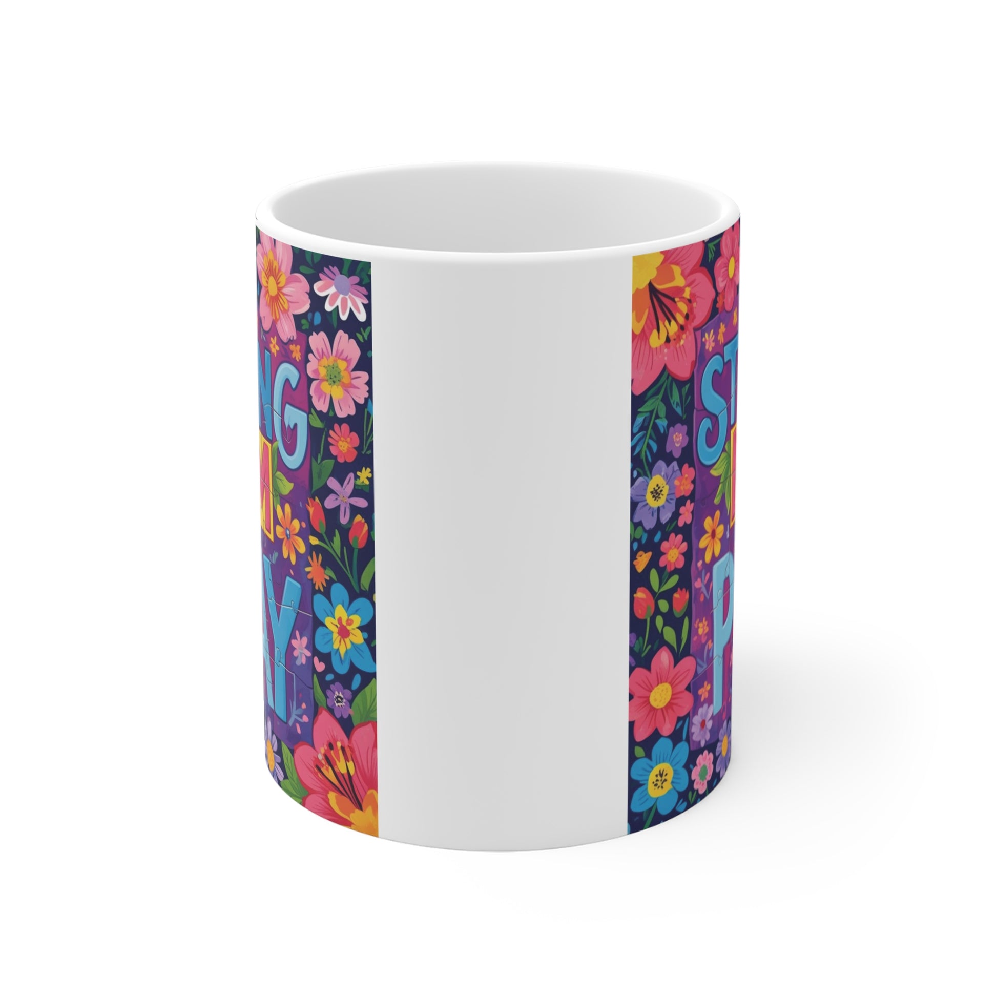 Inspirational faith mug for mom with cross and floral pattern, Strong Mom Pray design, religious 11oz ceramic coffee cup