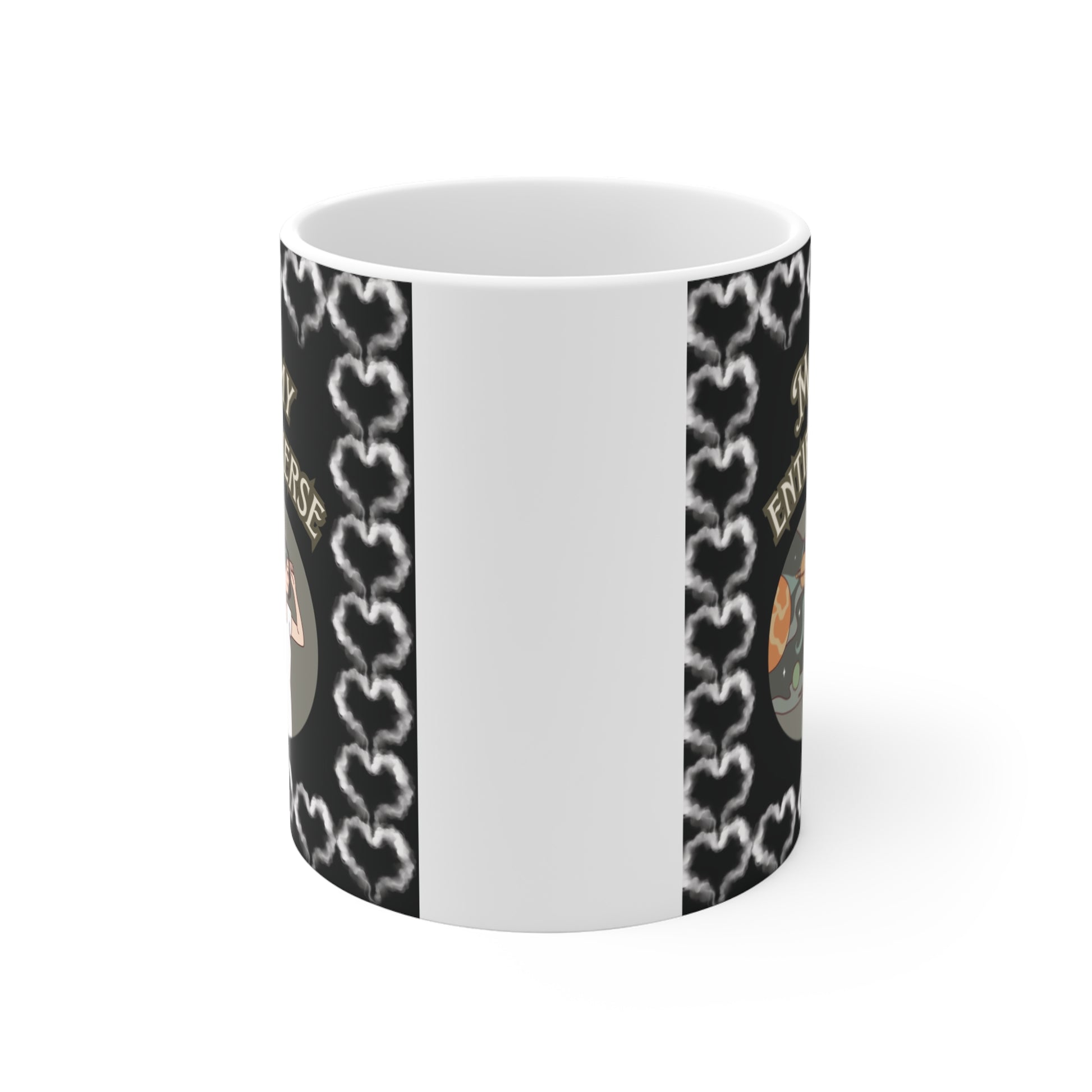 Unique Mother's Day gift mug design  featuring ethereal celestial artwork of a woman and the solar system with vintage-style typography and a heart-patterned border.