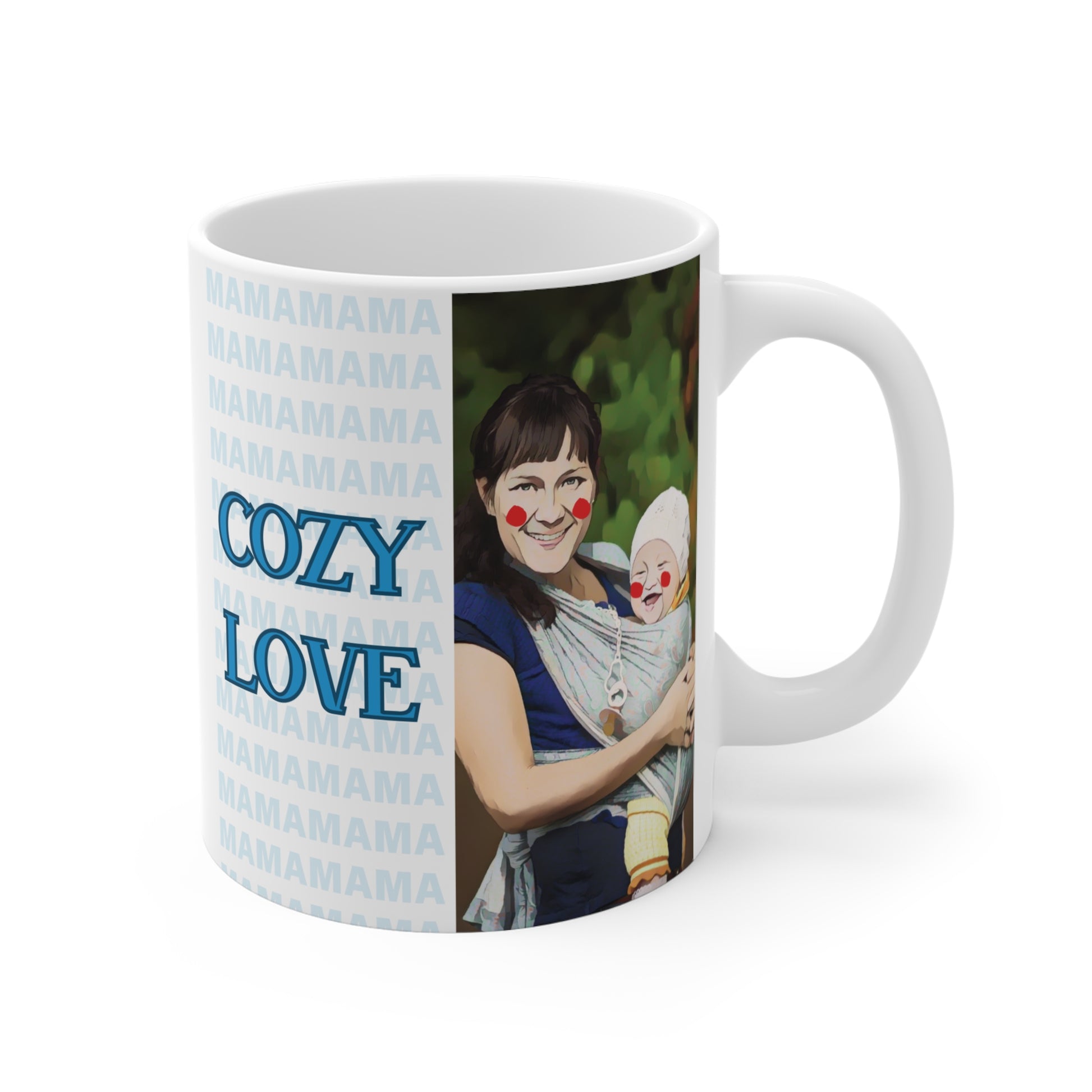 Mother’s love mug with mama and infant cuddle illustration, cozy aesthetic gift for moms and new mothers