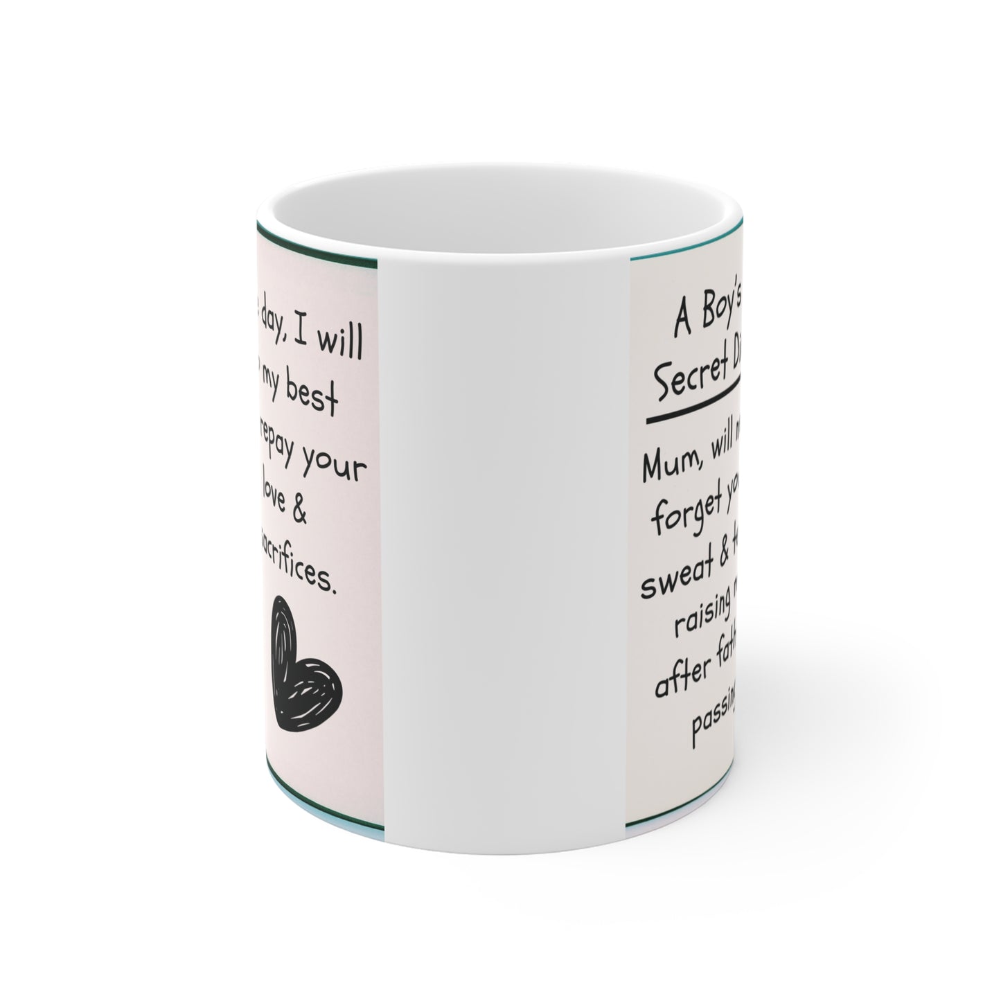 Meaningful mother’s day gift mug with loving message from son, black handwritten text design on white ceramic mug