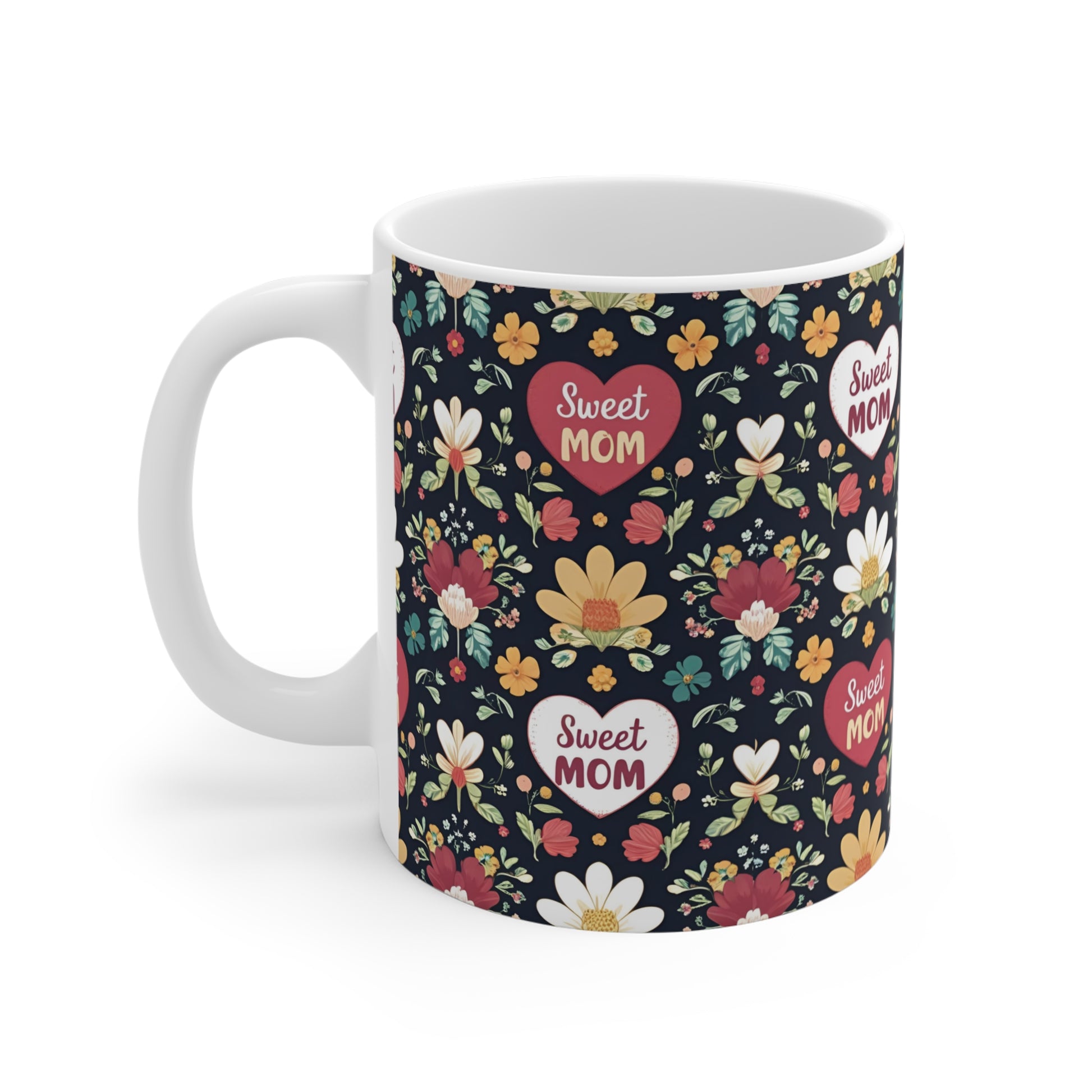 Floral mom mug with “Sweet Mom” hearts, 11oz ceramic coffee mug, perfect birthday or Christmas gift for mom