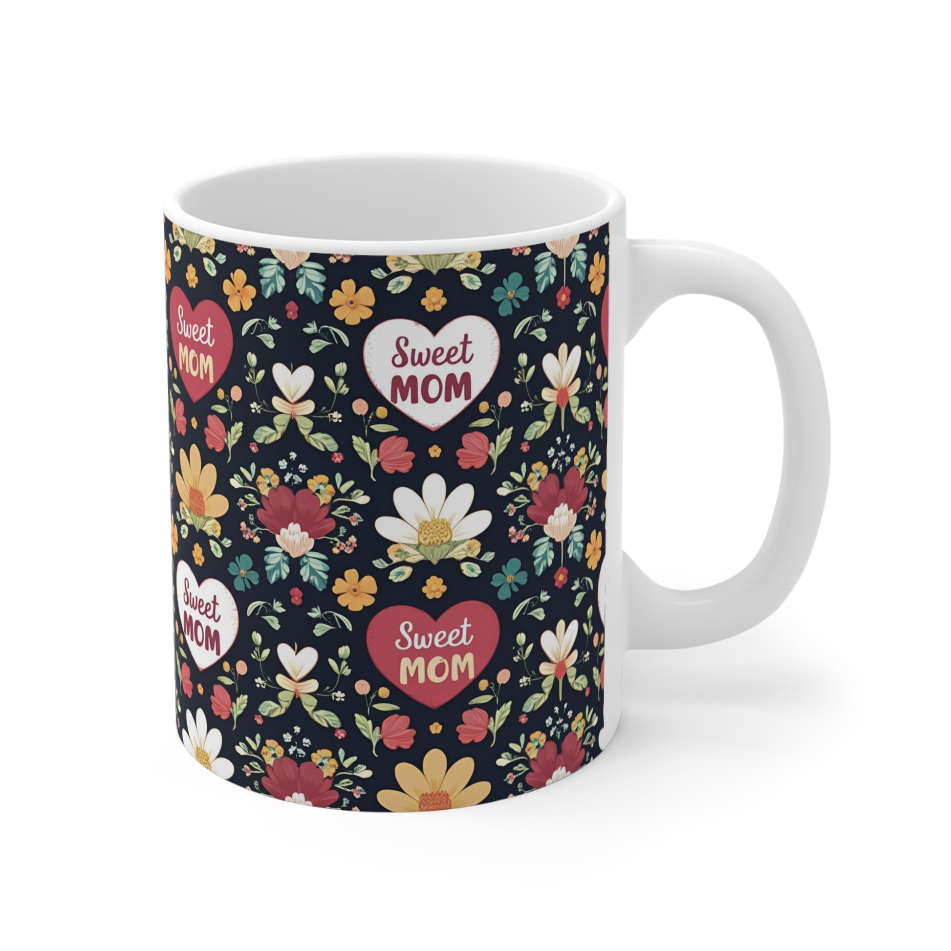 Cute mom coffee mug with colorful flowers and heart design, 11oz ceramic mug gift for Mother’s Day or everyday use