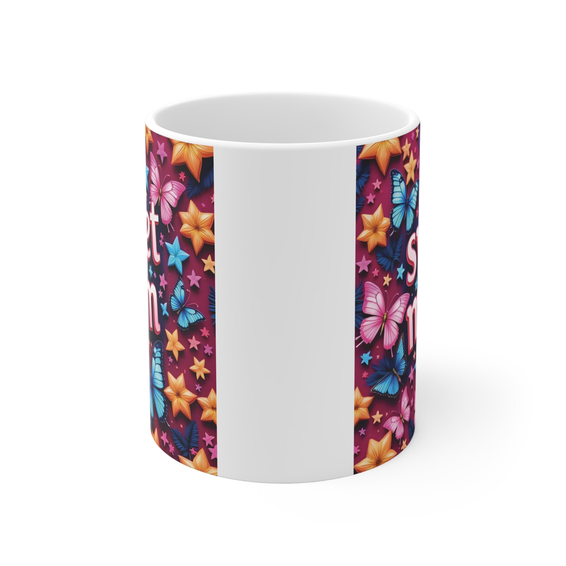 Vibrant coffee mug with butterflies, stars, and flowers featuring Sweet Mom text