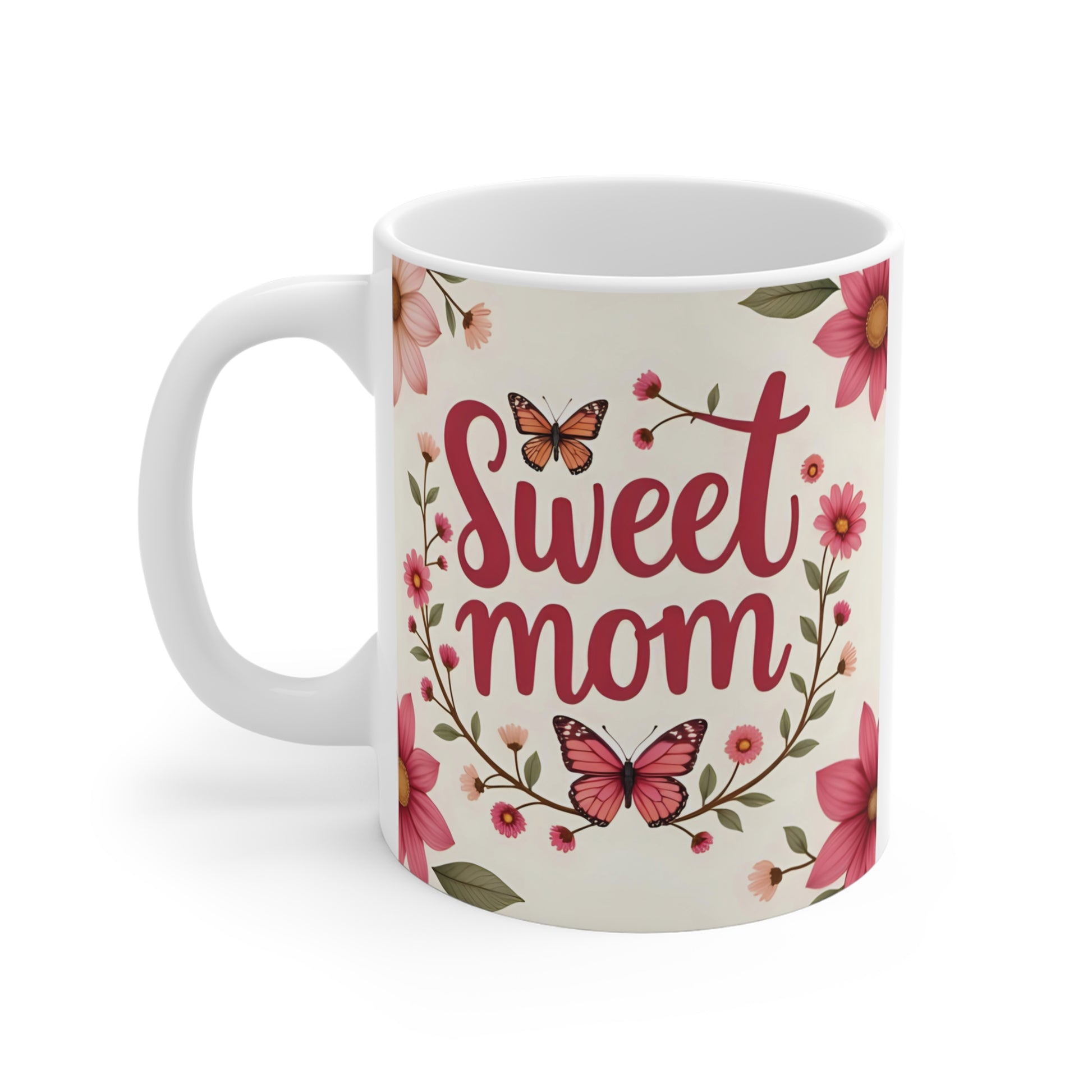 Mother’s day gift mug with sweet mom text and pink flower artwork