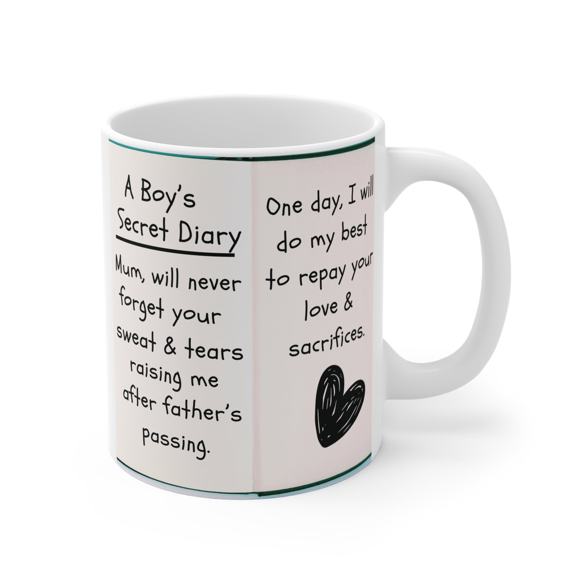 Emotional mom gift mug from son with heartfelt message about love, sacrifice, and gratitude, white ceramic coffee mug