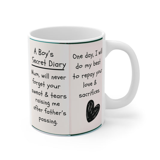 Emotional mom gift mug from son with heartfelt message about love, sacrifice, and gratitude, white ceramic coffee mug