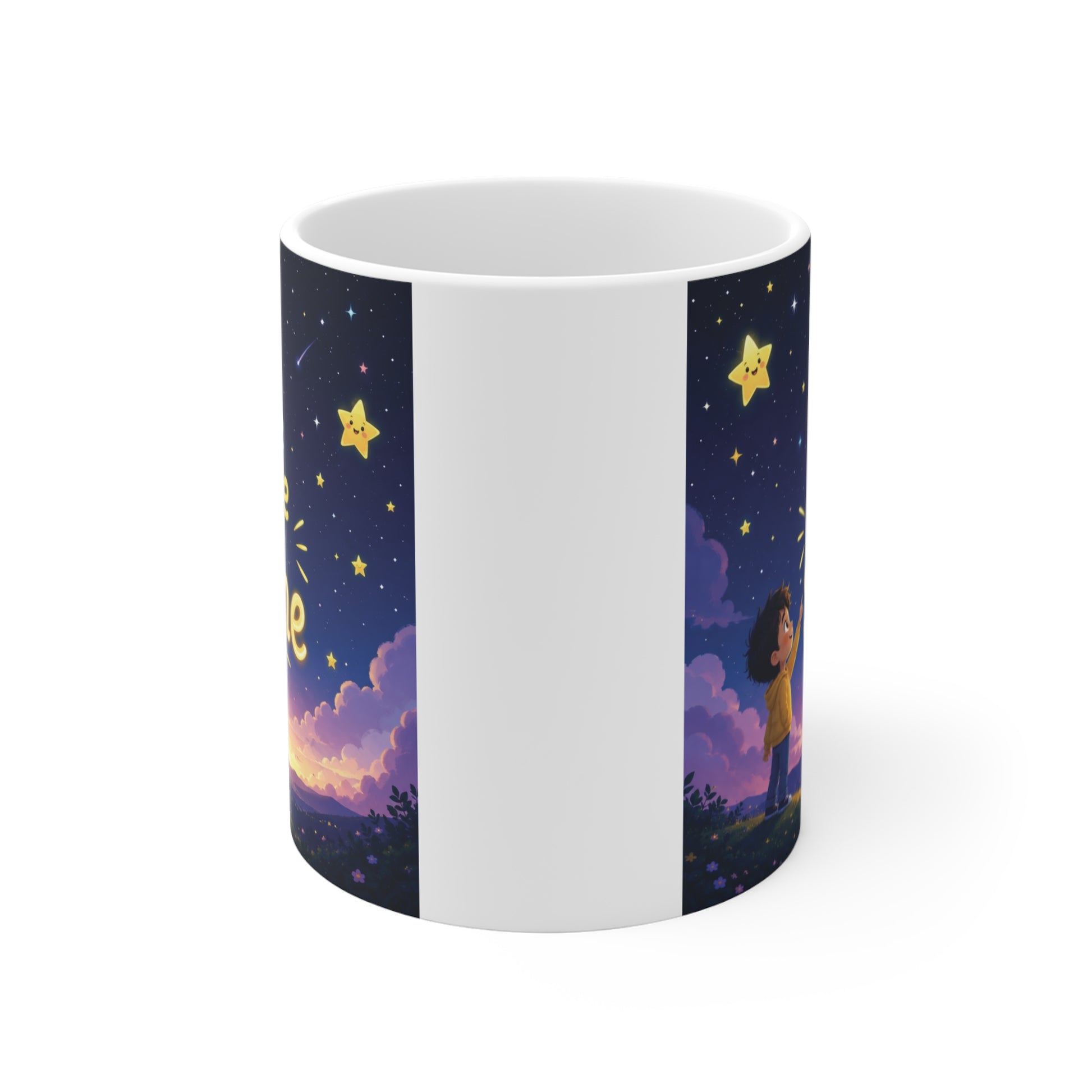 Motivational coffee mug featuring uplifting quote and glowing celestial design