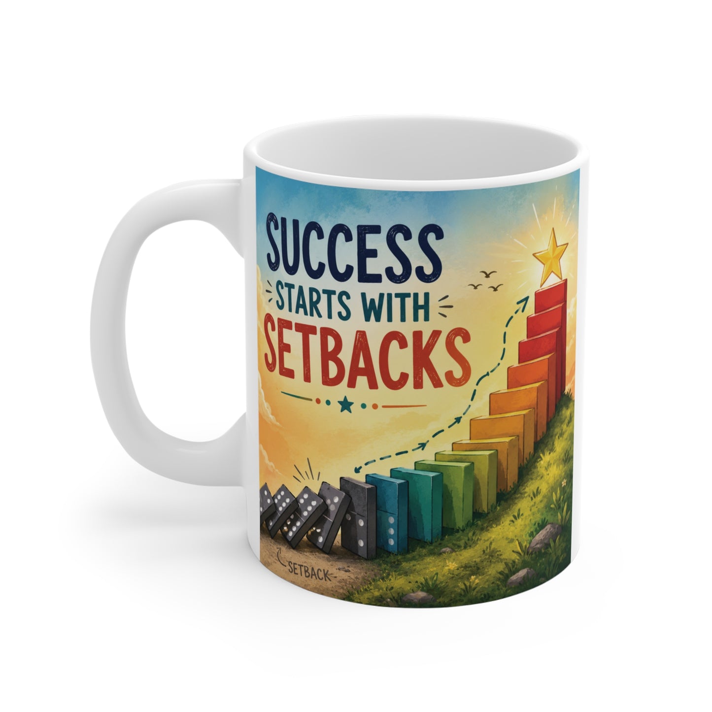 Ceramic inspirational mug showing falling dominoes becoming a staircase toward success with the phrase "Success Starts With Setbacks."