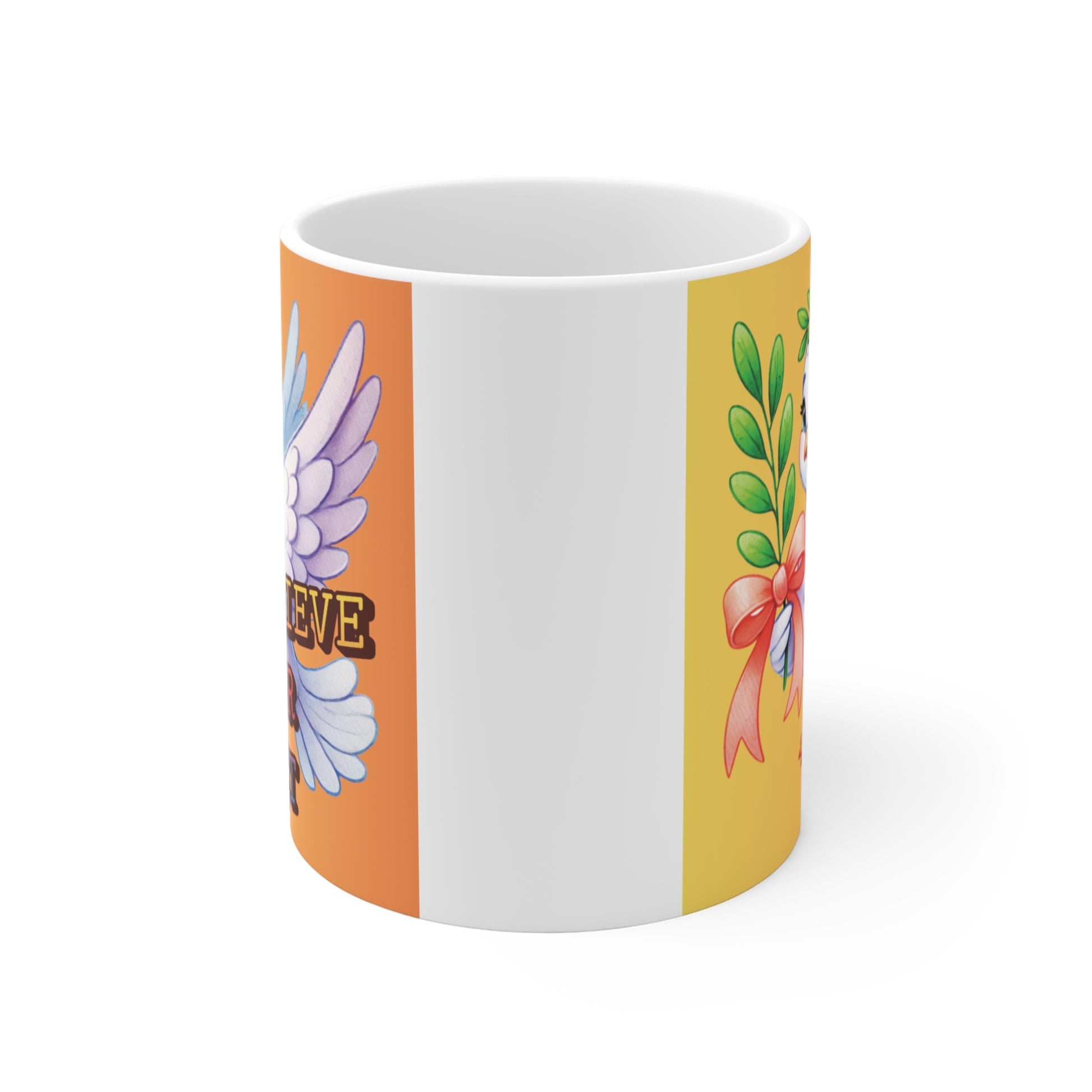White ceramic mug featuring a cute cartoon white dove with the text "ACHIEVE YOUR BEST" on an orange and yellow gradient background.