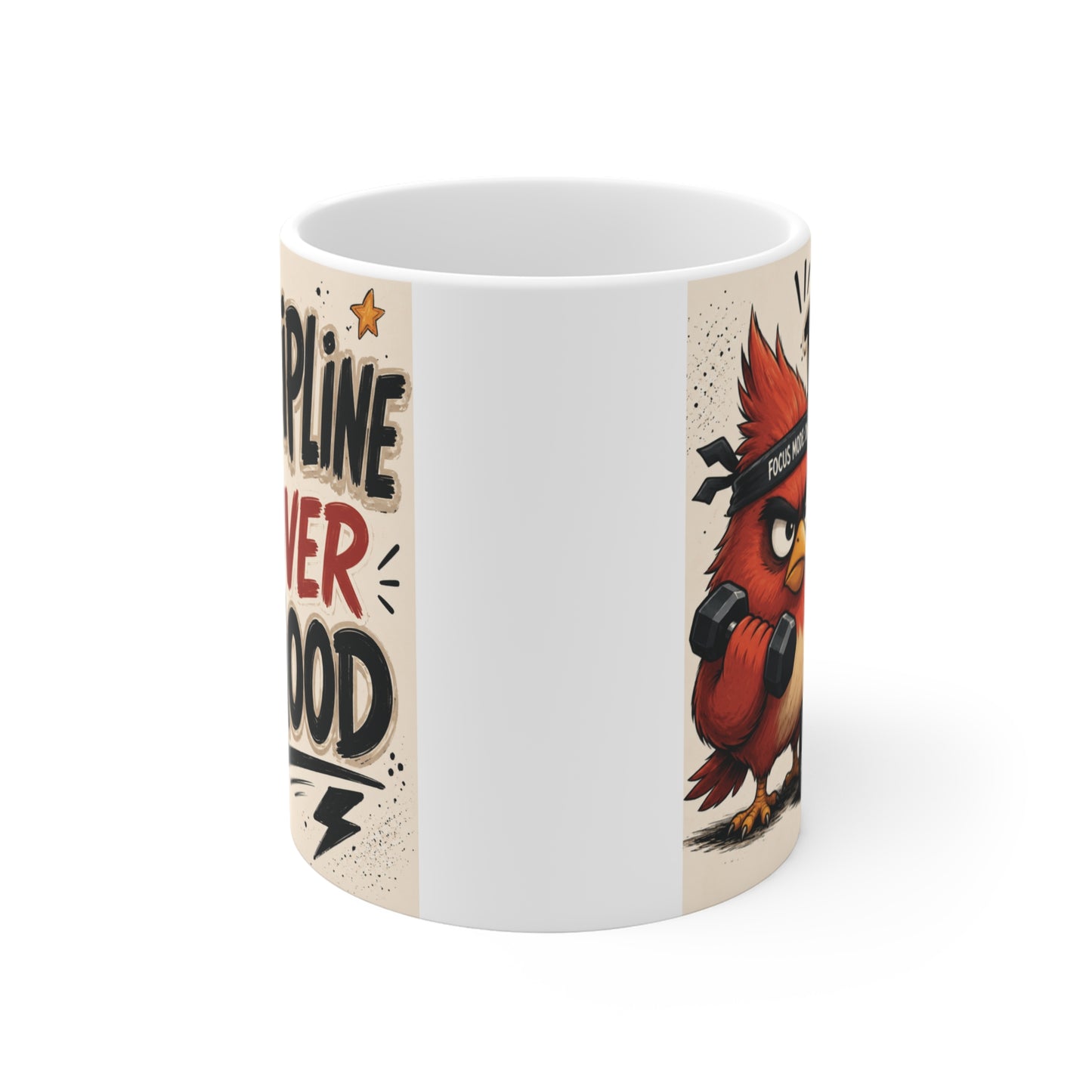 Funny motivational coffee mug featuring angry red bird artwork and Discipline Over Mood quote on white ceramic mug