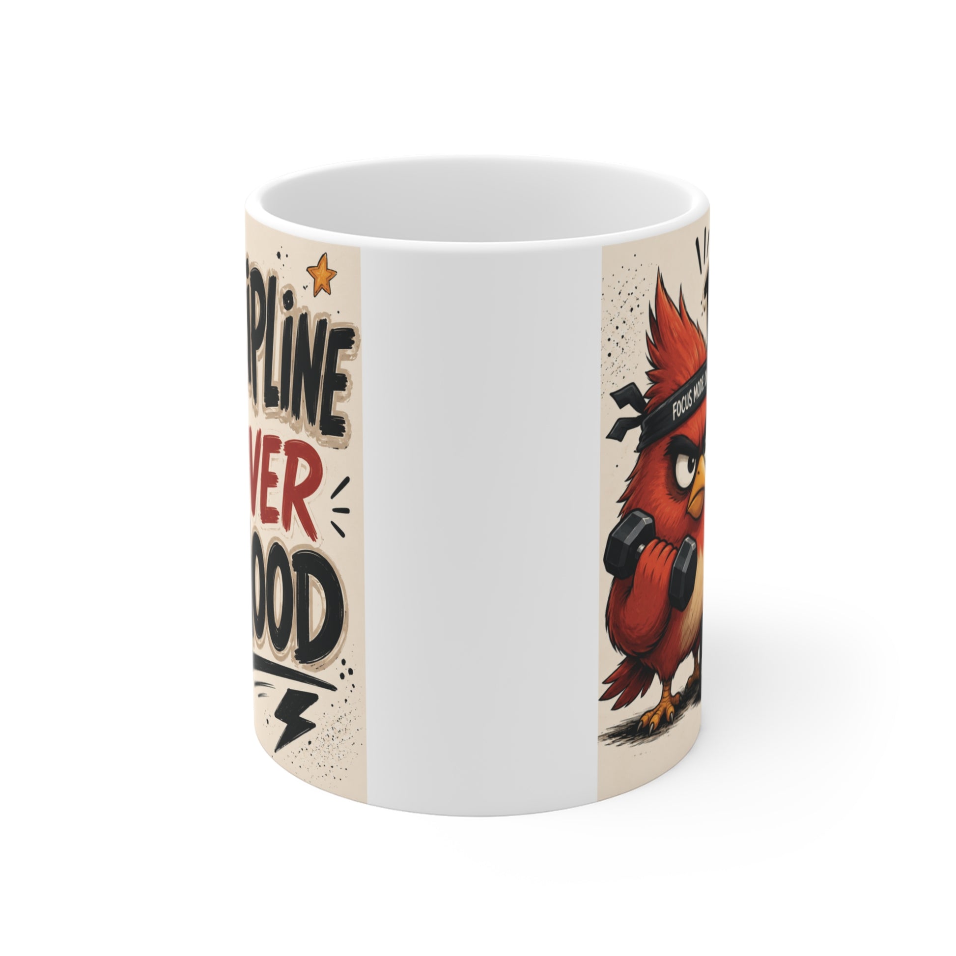 Funny motivational coffee mug featuring angry red bird artwork and Discipline Over Mood quote on white ceramic mug