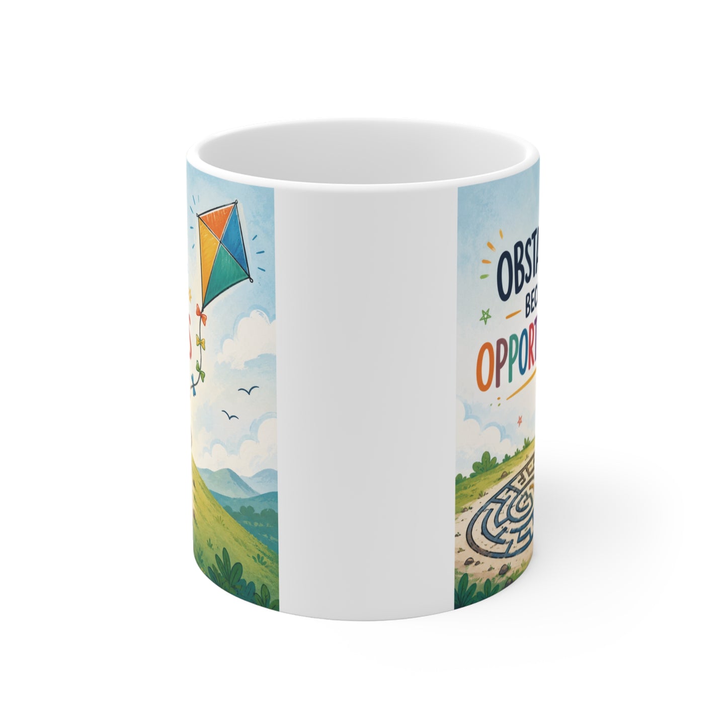 White ceramic motivational mug with the phrase "Obstacles Become Opportunities," colorful maze artwork, and flying kite design, perfect for daily inspiration and encouragement.
