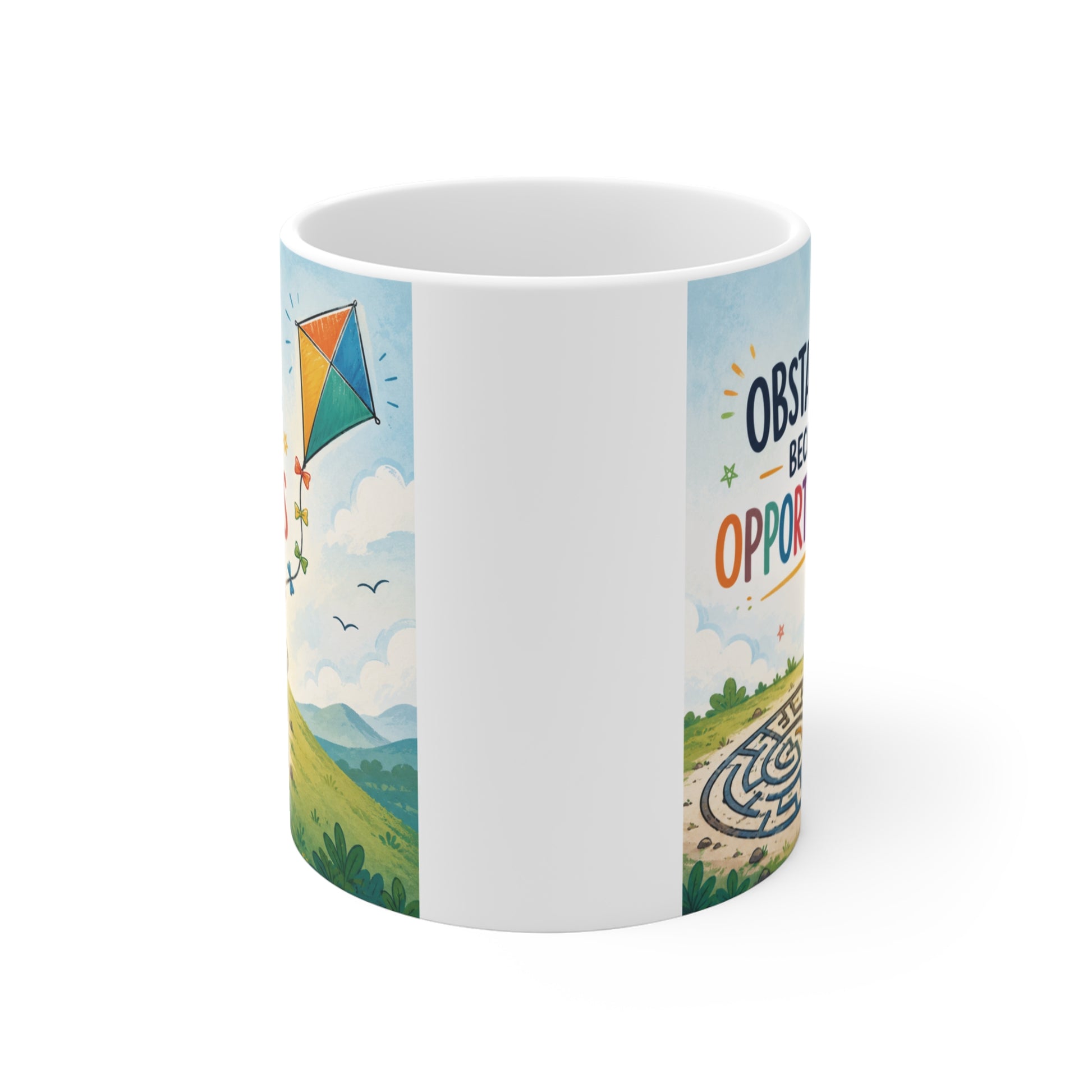White ceramic motivational mug with the phrase "Obstacles Become Opportunities," colorful maze artwork, and flying kite design, perfect for daily inspiration and encouragement.