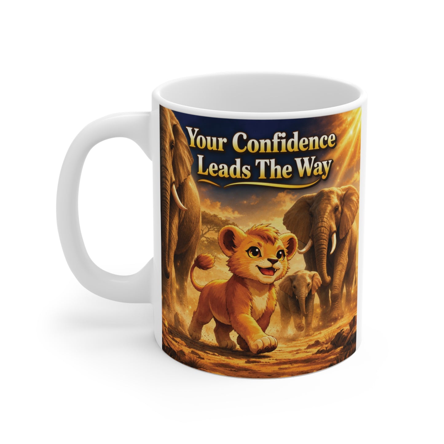 11oz ceramic coffee mug with cute lion cub artwork and positive confidence message