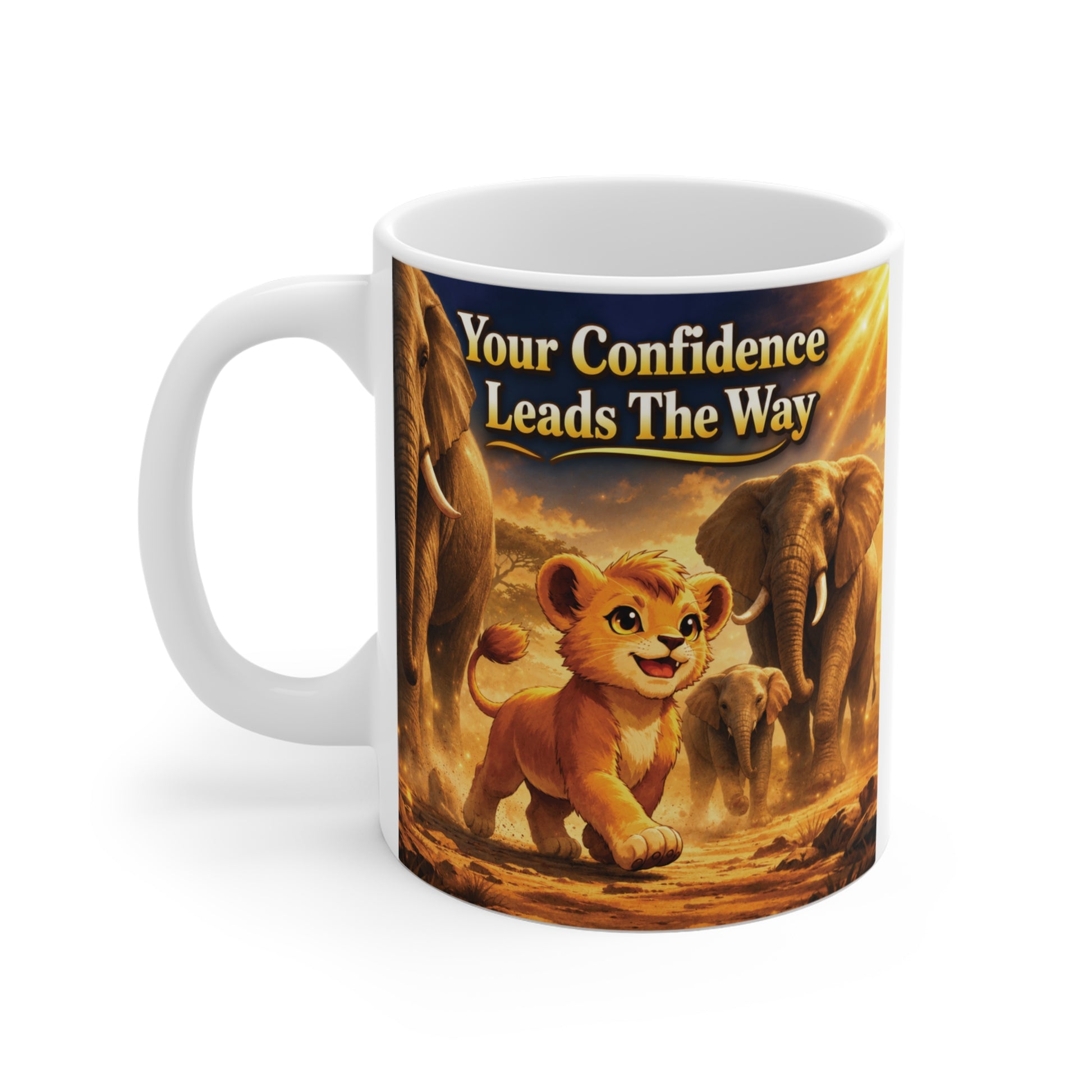 11oz ceramic coffee mug with cute lion cub artwork and positive confidence message