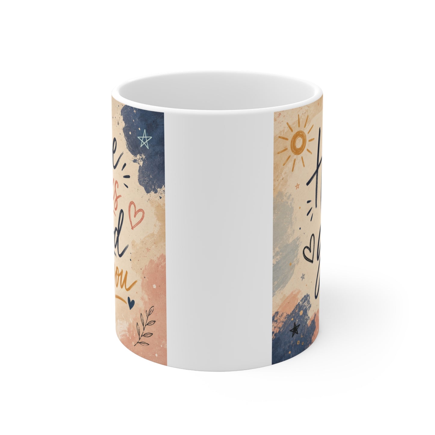 Cute motivational coffee mug with uplifting typography and artistic pastel background