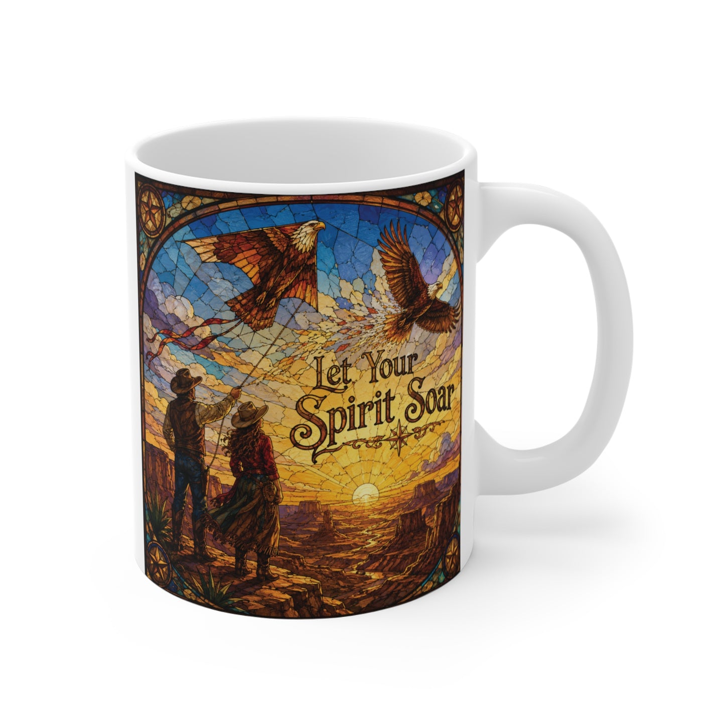 Stained glass style eagle coffee mug featuring the inspirational quote "Let Your Spirit Soar" over a glowing sunrise landscape.