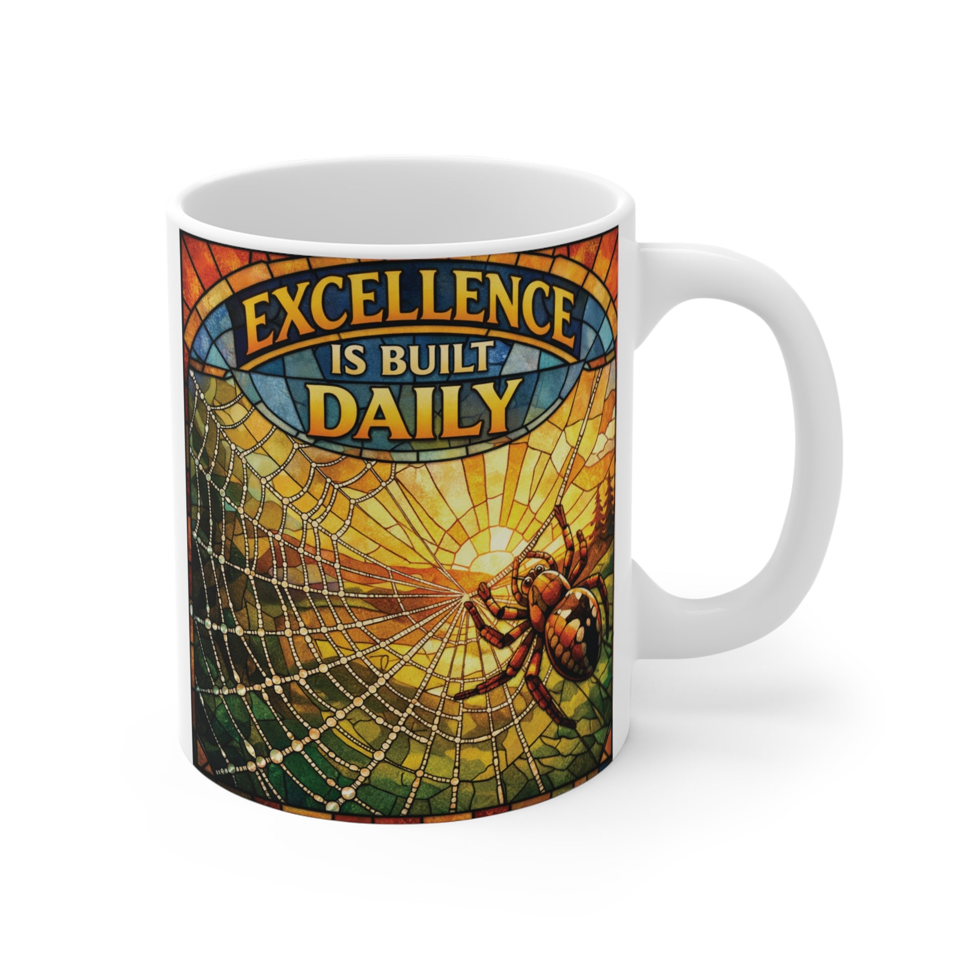 Excellence Is Built Daily inspirational 11oz ceramic coffee mug featuring a stained-glass style spider weaving an intricate web, motivational gift for entrepreneurs, students, and professionals.