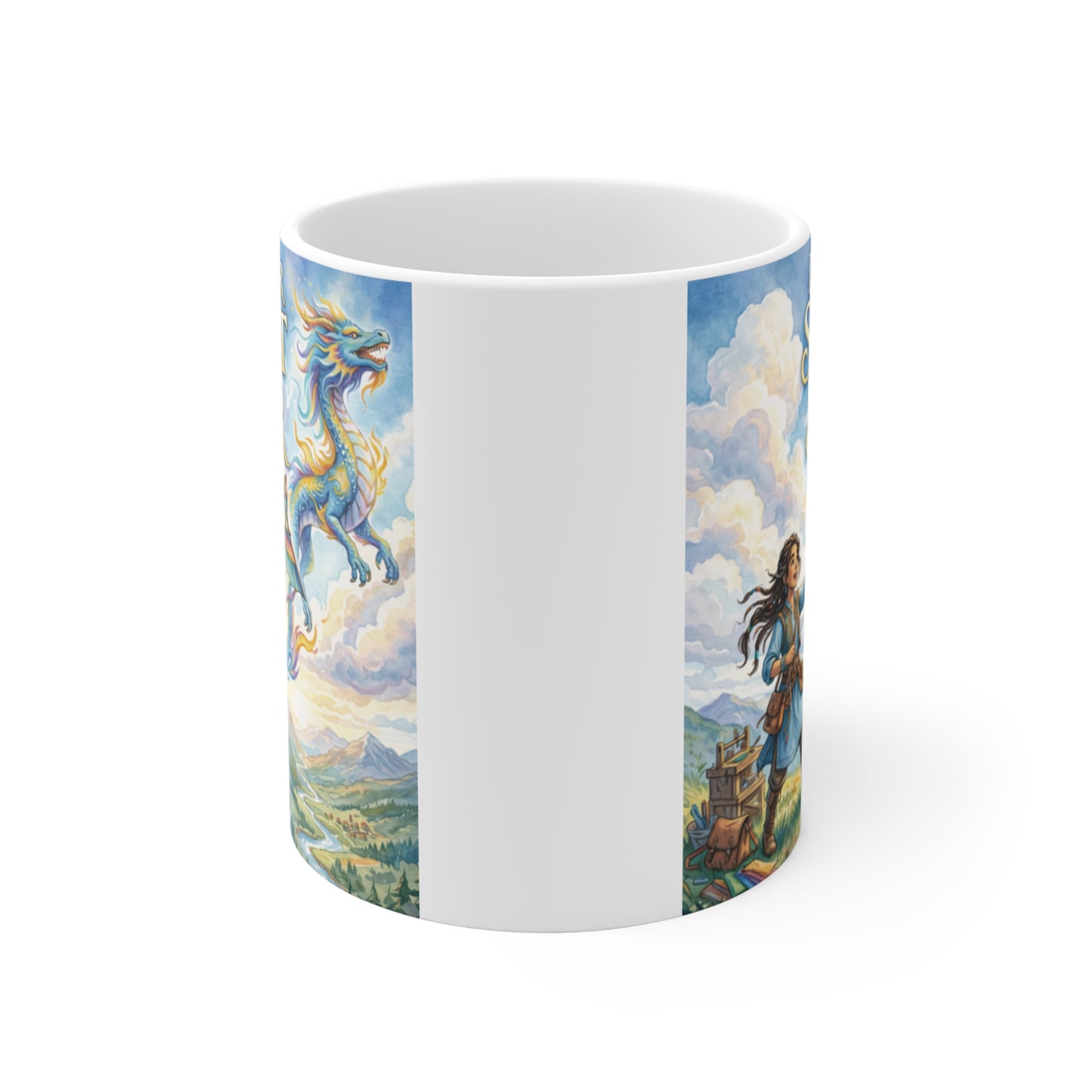 11oz ceramic mug featuring magical dragon artwork and motivational saying Let Your Spirit Soar