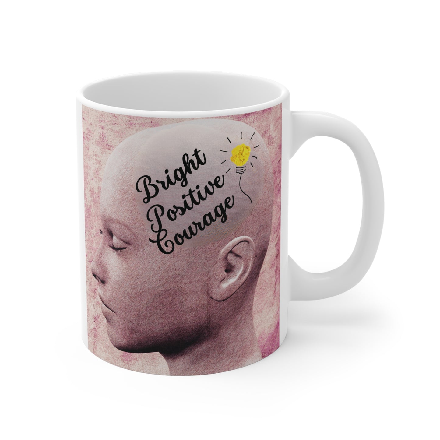 Motivational coffee mug showing side profile of a person with inspiring words 'Bright Positive Courage' and a glowing light bulb on pink textured background."