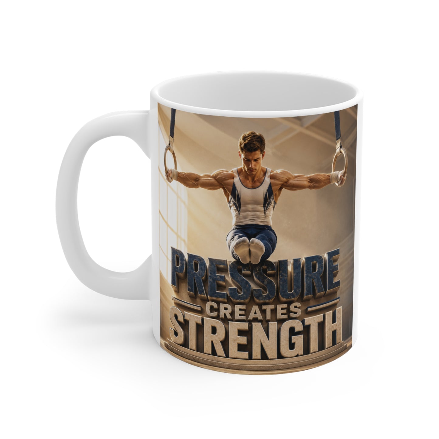 Motivational gymnast mug for athletes featuring a powerful strength and perseverance quote.