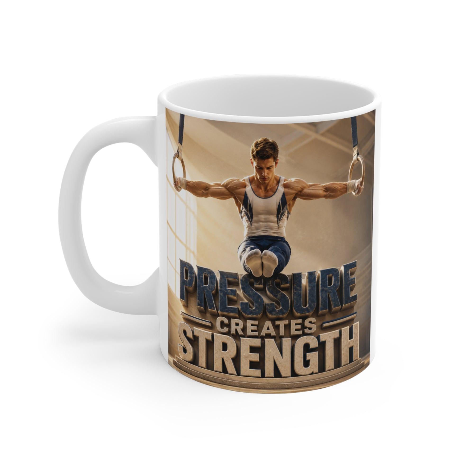 Motivational gymnast mug for athletes featuring a powerful strength and perseverance quote.