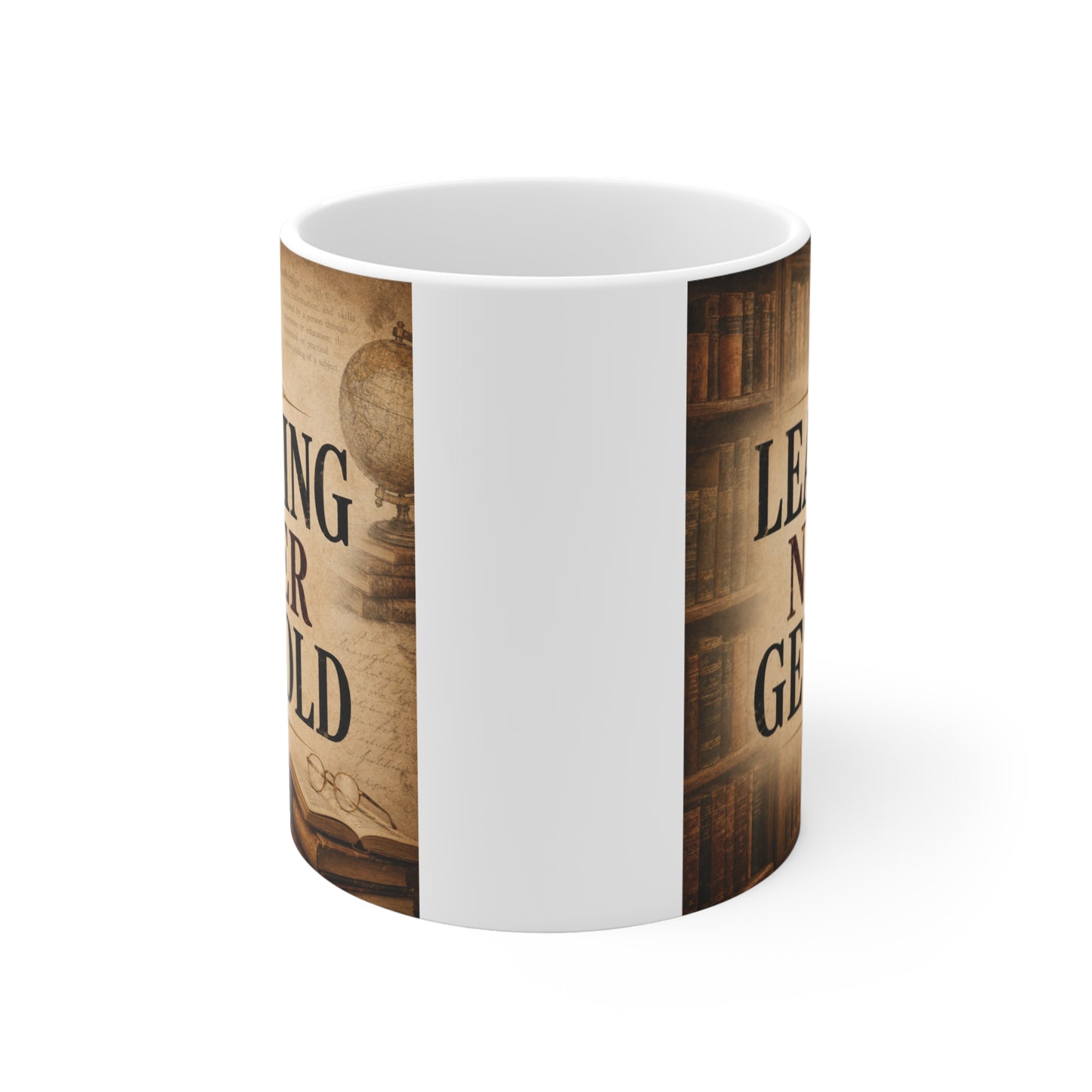Inspirational teacher coffee mug with "Learning Never Gets Old" printed on a vintage parchment background, perfect as a graduation, retirement, or educator gift.