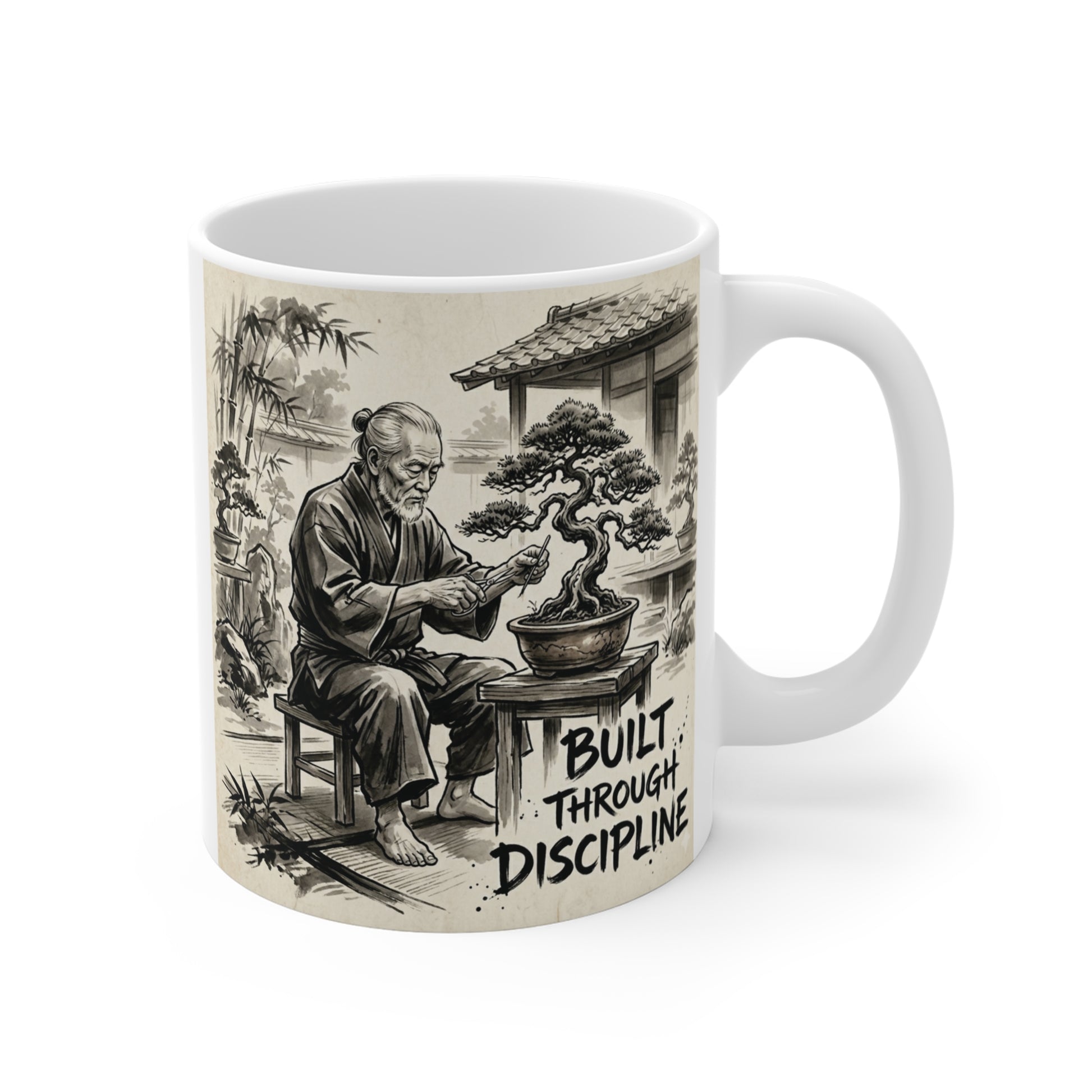 Built Through Discipline 11oz ceramic mug featuring Japanese bonsai master ink artwork.